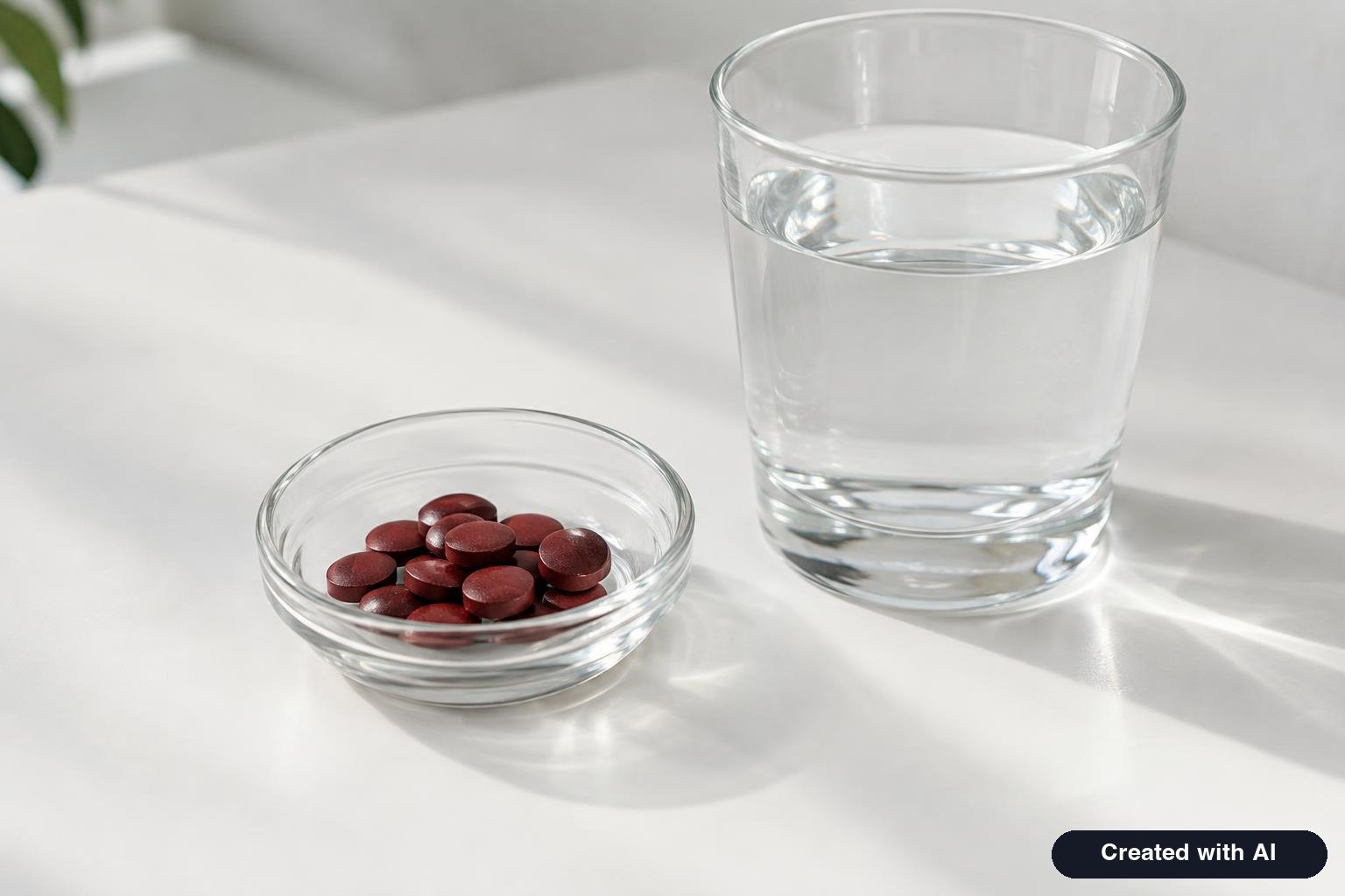 Dark red iron supplement tablets in a small glass dish beside a glass of water