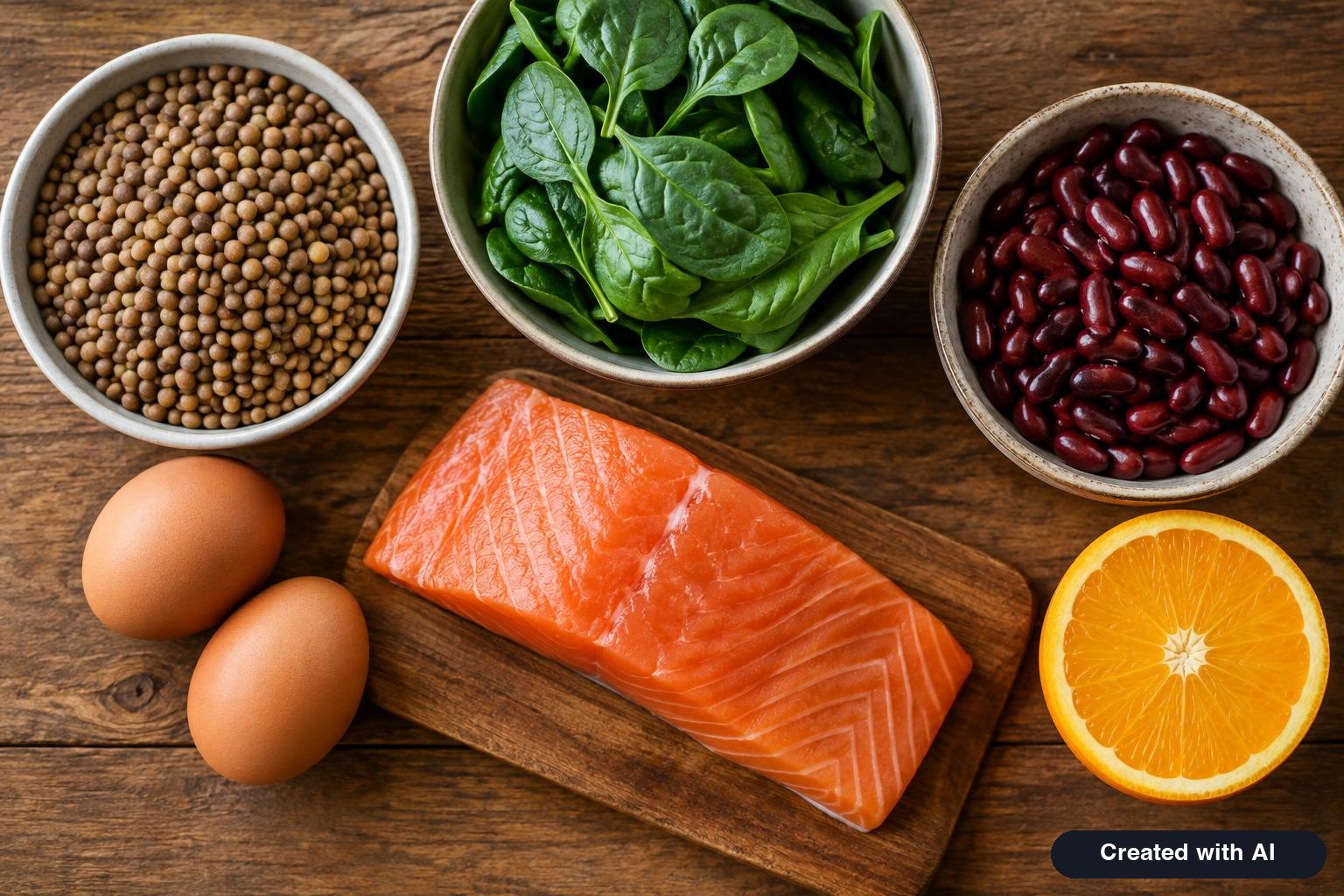 Iron-rich foods on a wooden table: lentils, spinach, beans, eggs, salmon and an orange