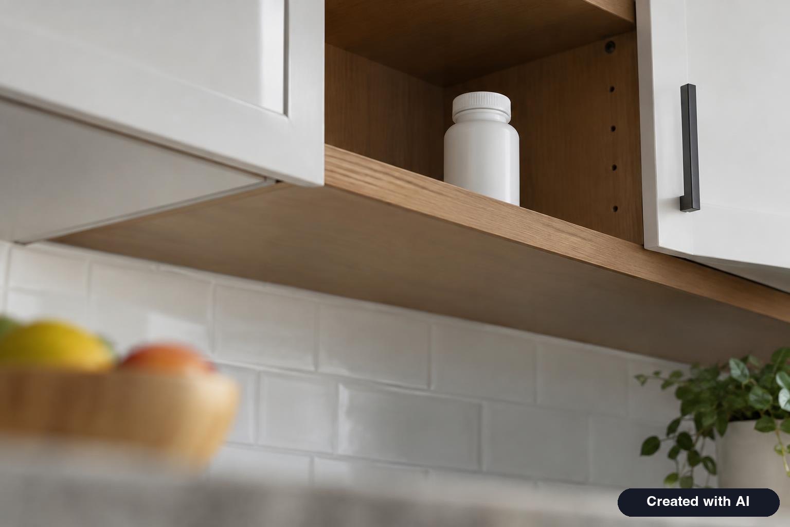 Child-resistant supplement bottle stored on a high kitchen shelf out of reach