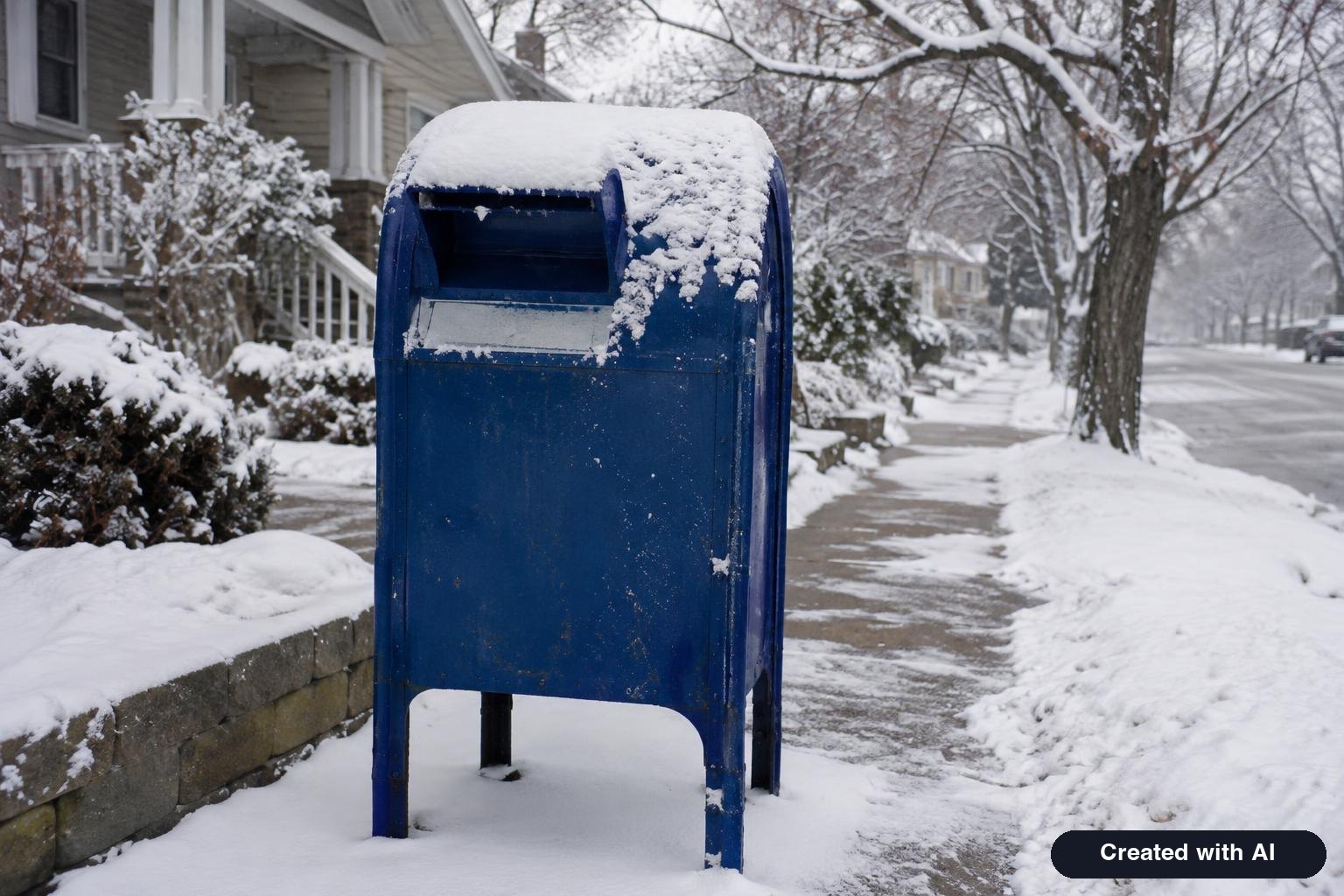 A blue street mailbox dusted with snow on a residential sidewalk on a winter afternoon