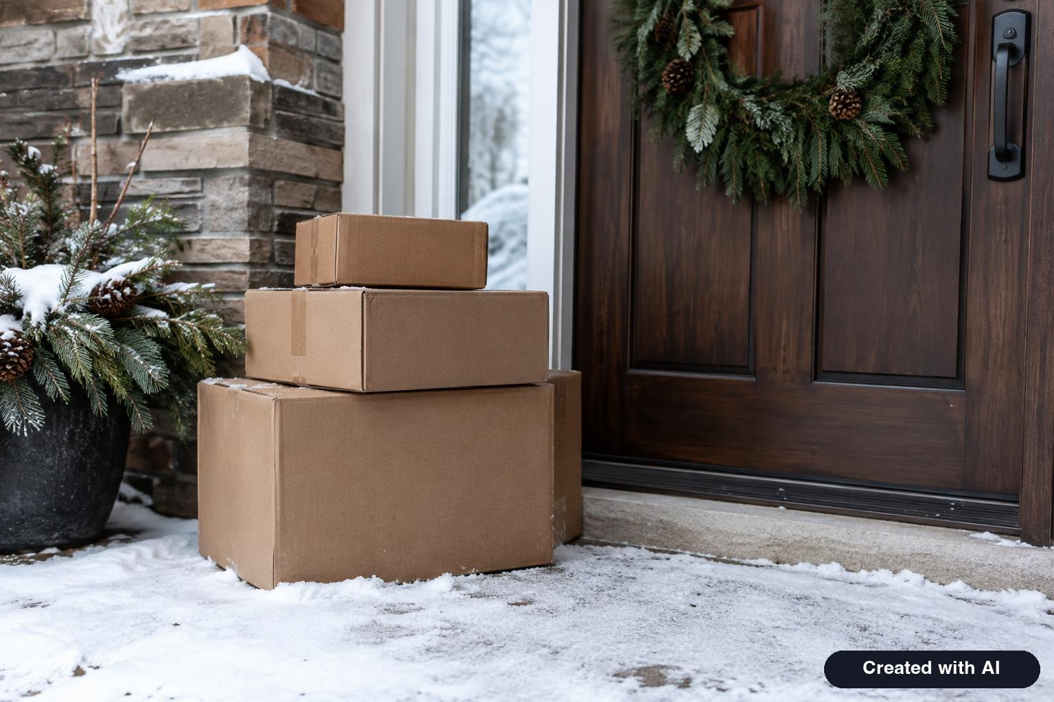 Brown cardboard parcels stacked on a snowy front porch beside a door with an evergreen wreath