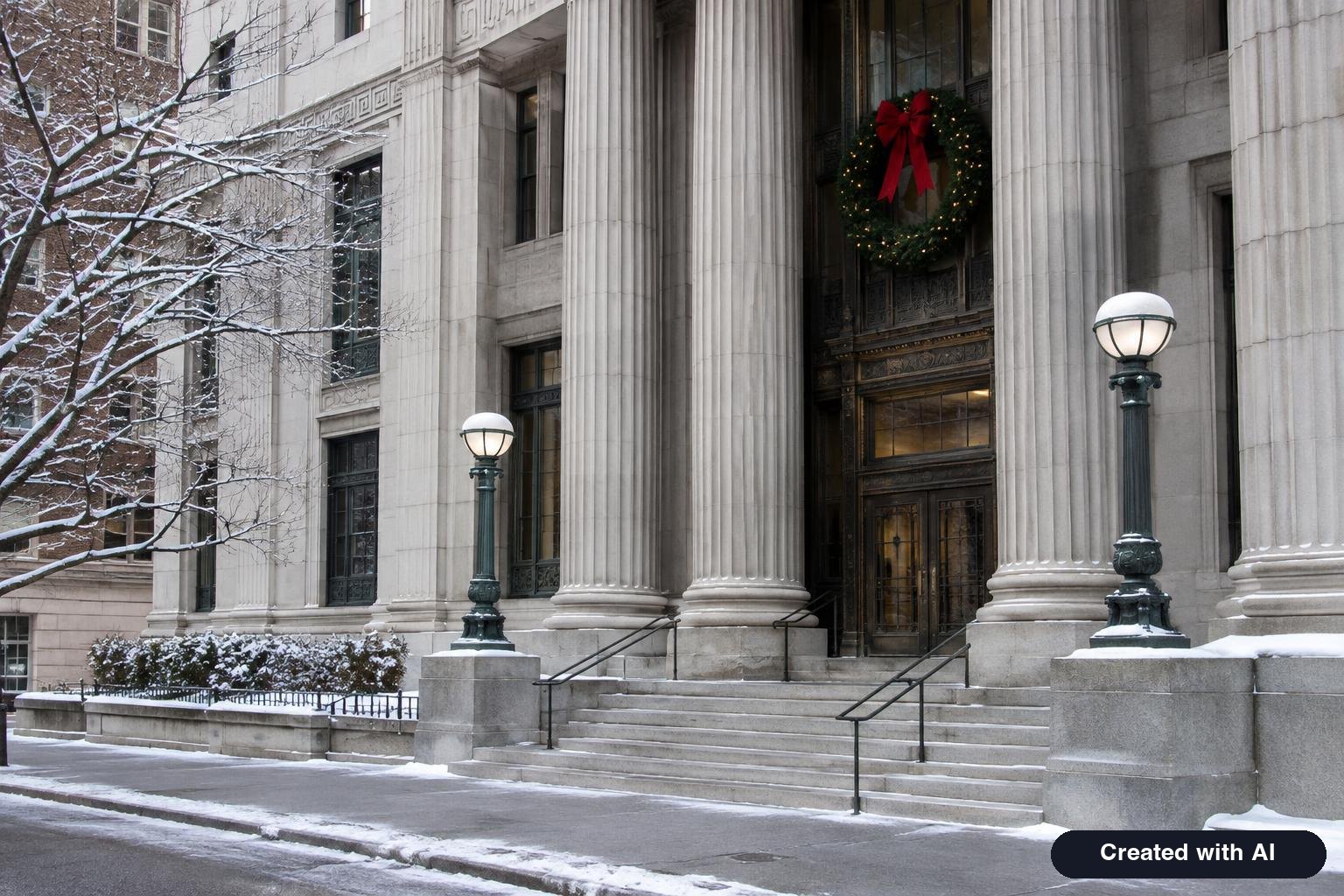 A classical stone bank building entrance with tall columns and a holiday wreath on a quiet winter street