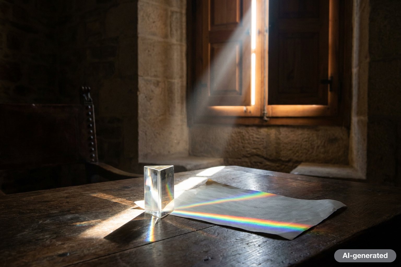 Glass prism on a wooden desk splitting a beam of sunlight into a band of colors on white paper