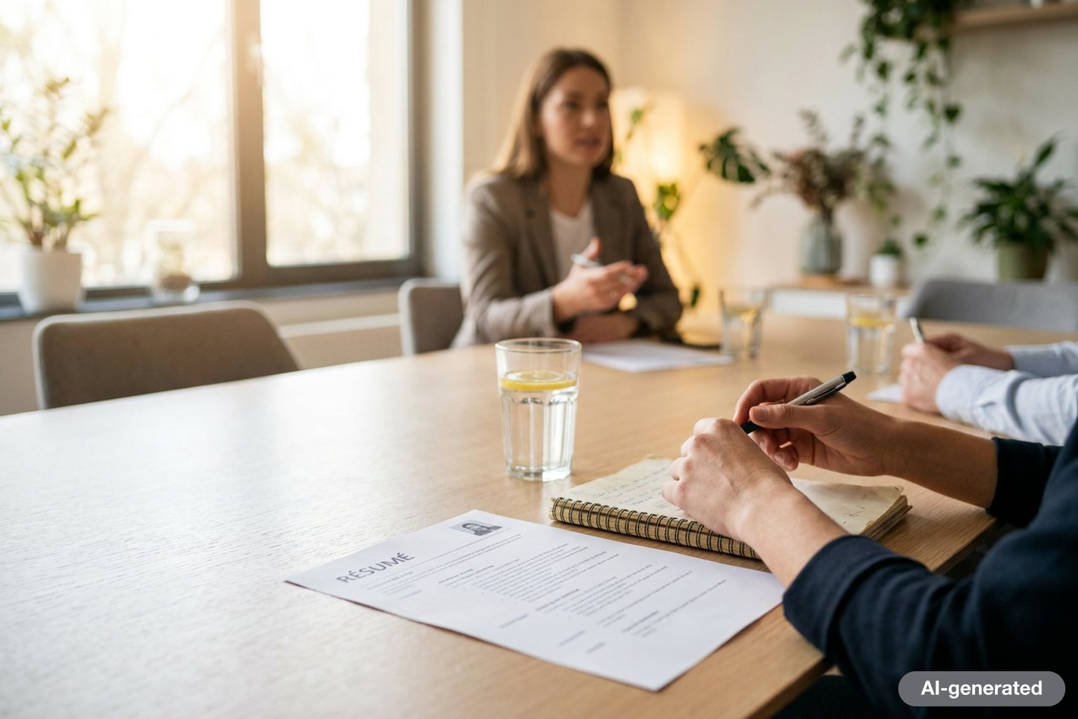 Two people talking across a bright meeting-room table, one holding a notebook and pen, with a glass of water and a printed résumé between them