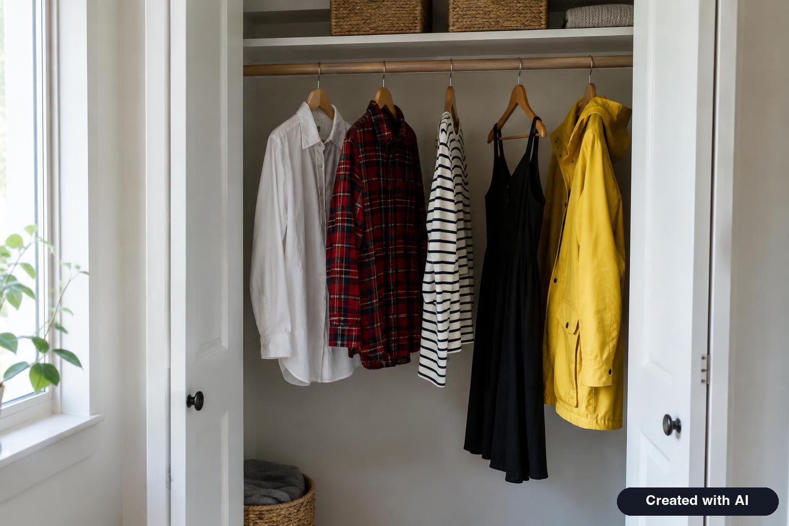 Open closet with a white button down shirt, a red flannel shirt, a striped top and a yellow raincoat hanging in a row
