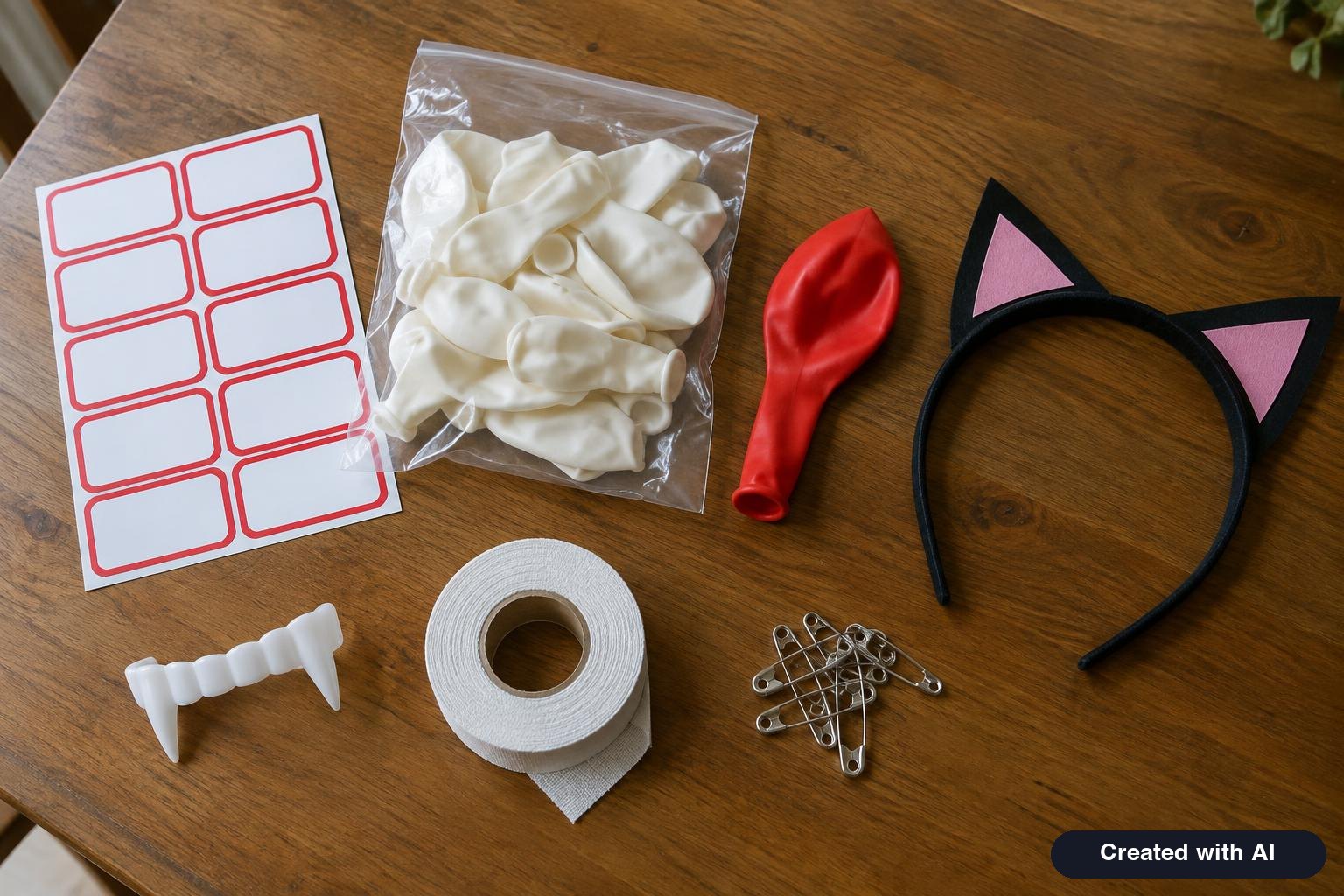 Low cost Halloween costume supplies on a table including name tag stickers, white balloons, a red balloon, plastic fangs and a roll of white tape