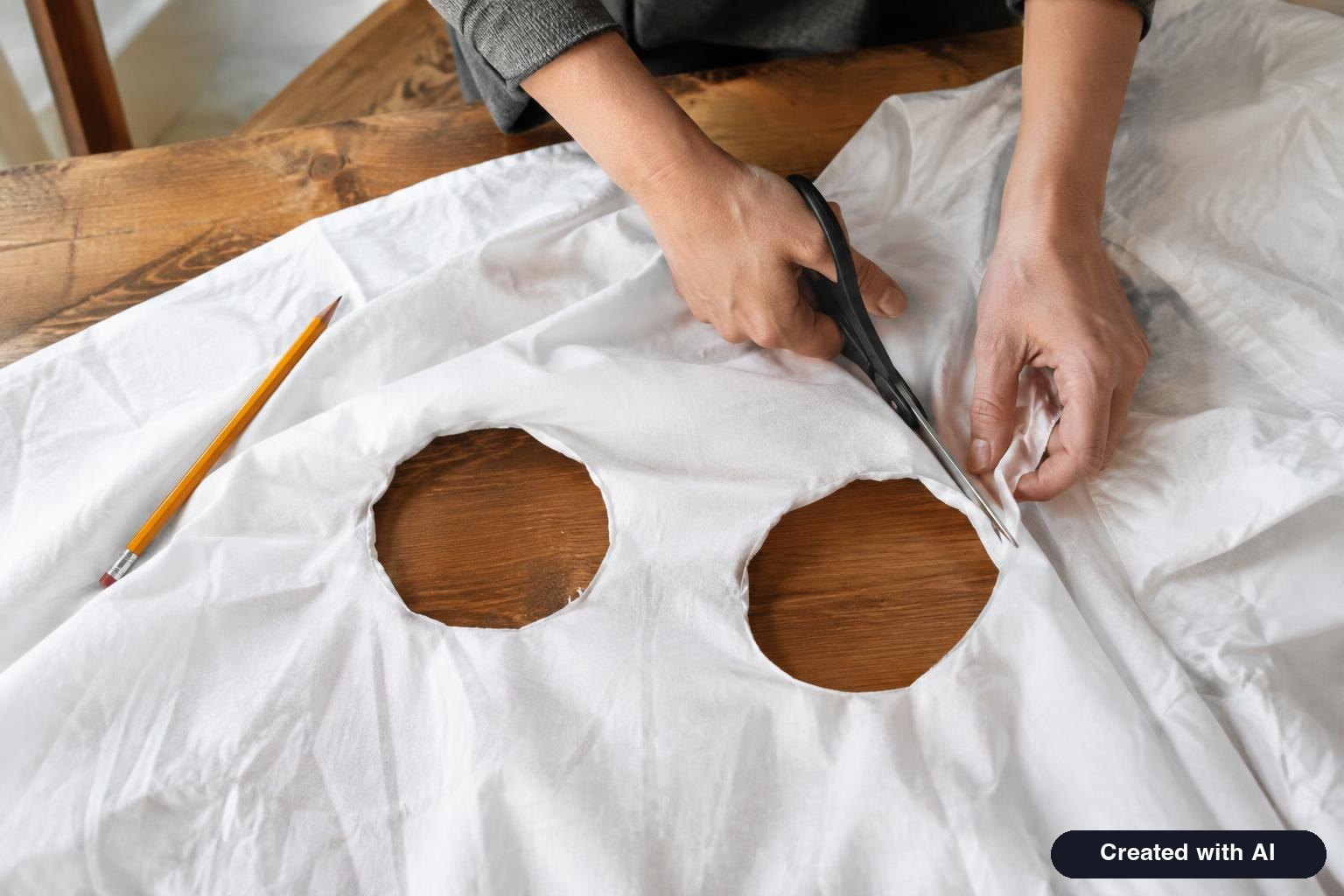 Hands cutting large round eye holes in a white bed sheet on a table with scissors and a pencil