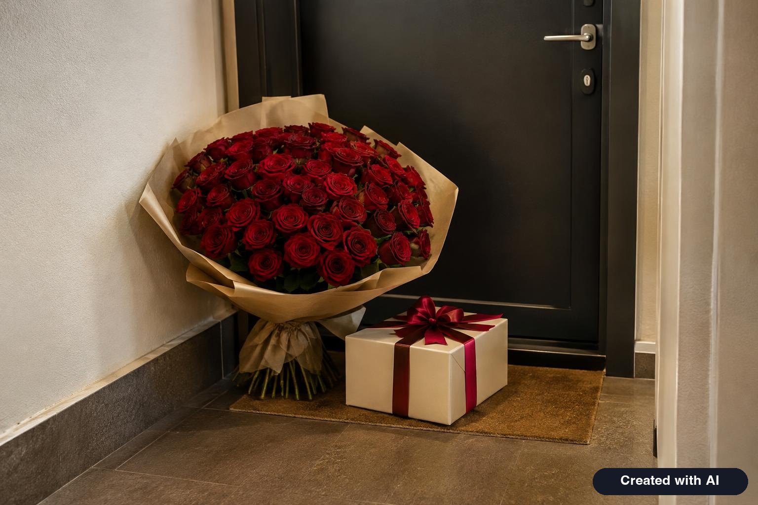 A large bouquet of roses and a gift box left on a doorstep of an apartment