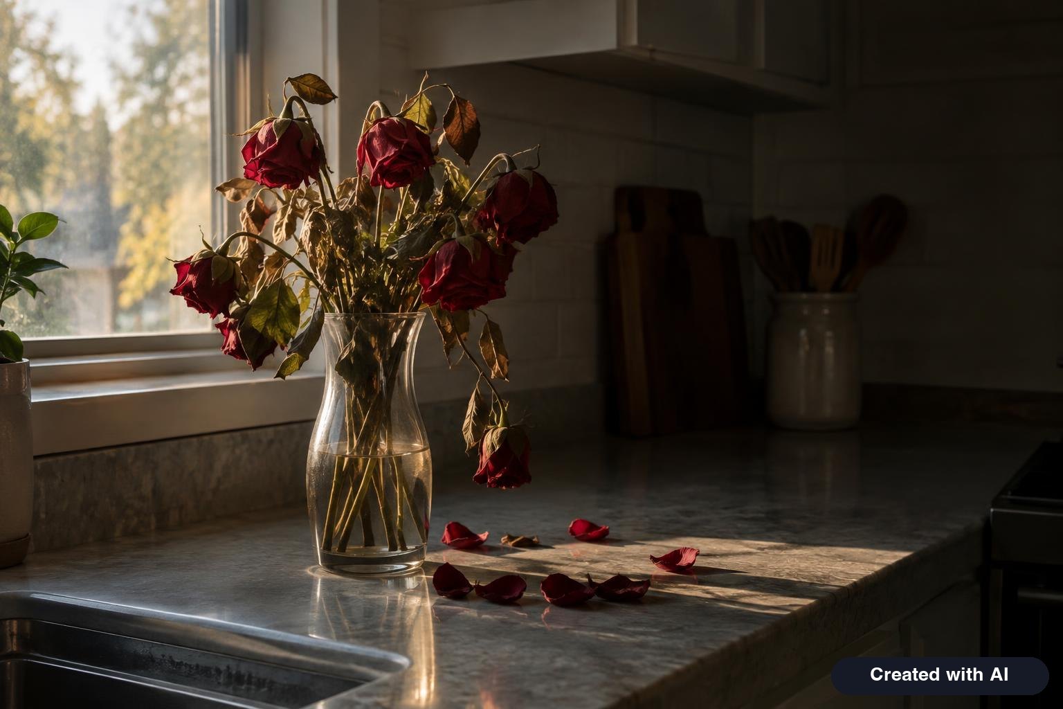 Wilted roses in a glass vase on a kitchen counter in late afternoon light