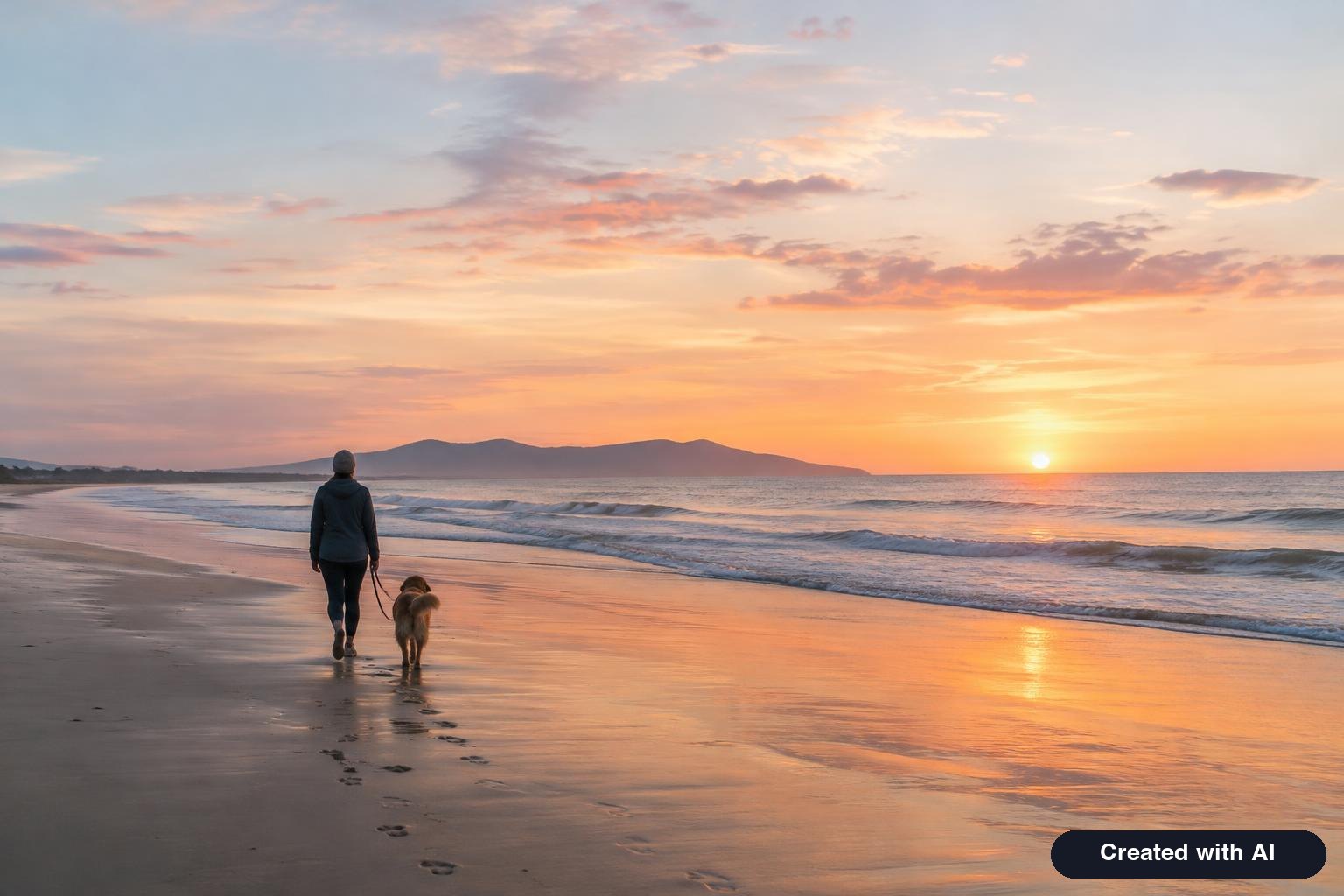 A person walking a dog along a quiet beach at sunrise, seen from far behind