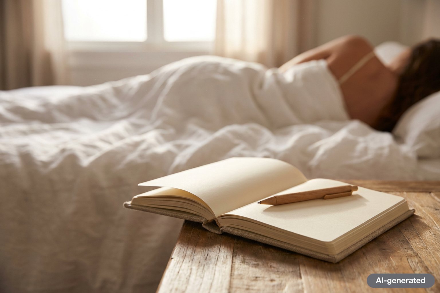 An open dream journal and a pen on a bedside table in soft morning light, with a sleeping person out of focus in the background