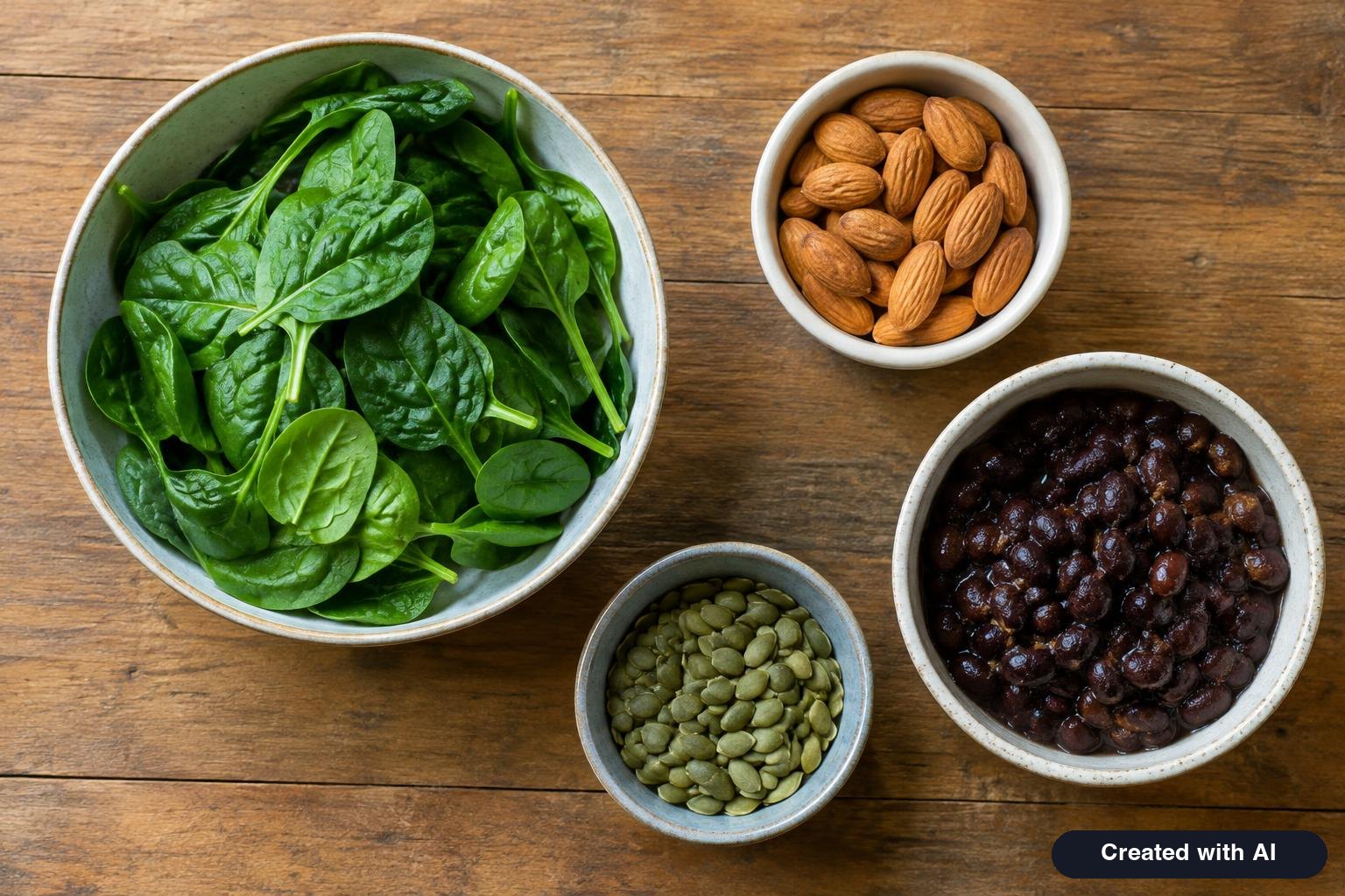 A bowl of spinach, almonds, pumpkin seeds and black beans on a table