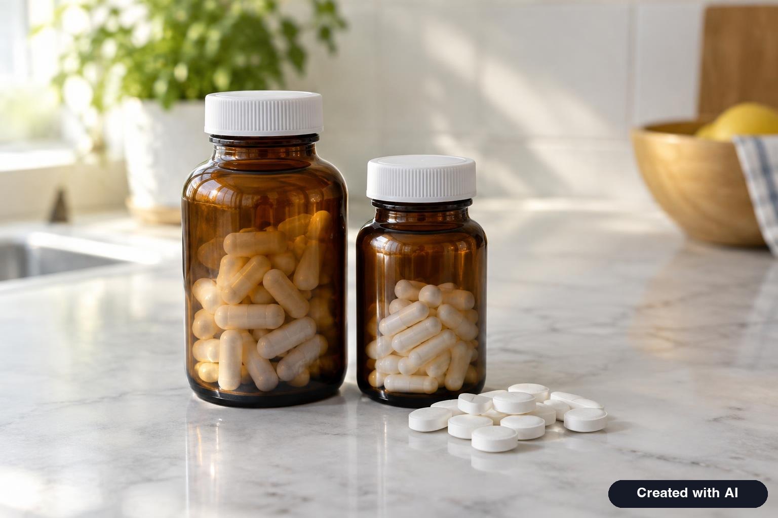 Bottles and capsules of magnesium supplements on a kitchen counter