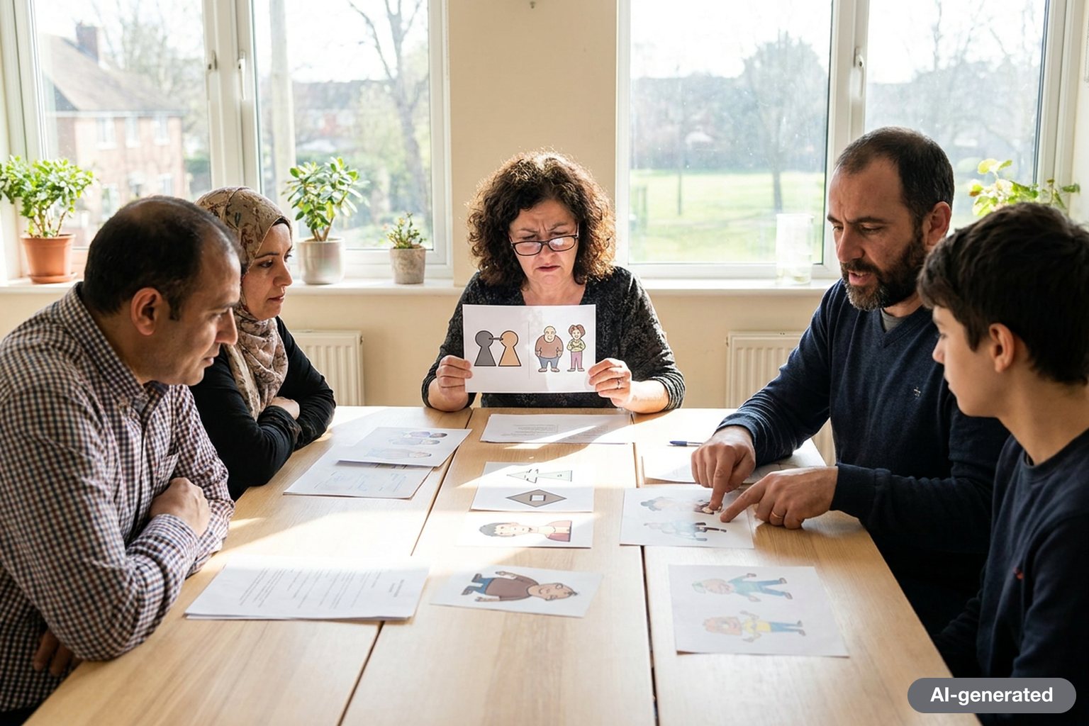 Several people at a bright table studying printed cards that show pairs of similar logos and cartoon characters side by side