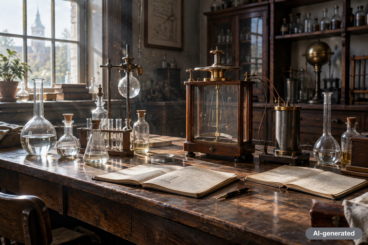 Early 1900s laboratory bench with glass flasks, an electrometer and handwritten notebooks lit by a window
