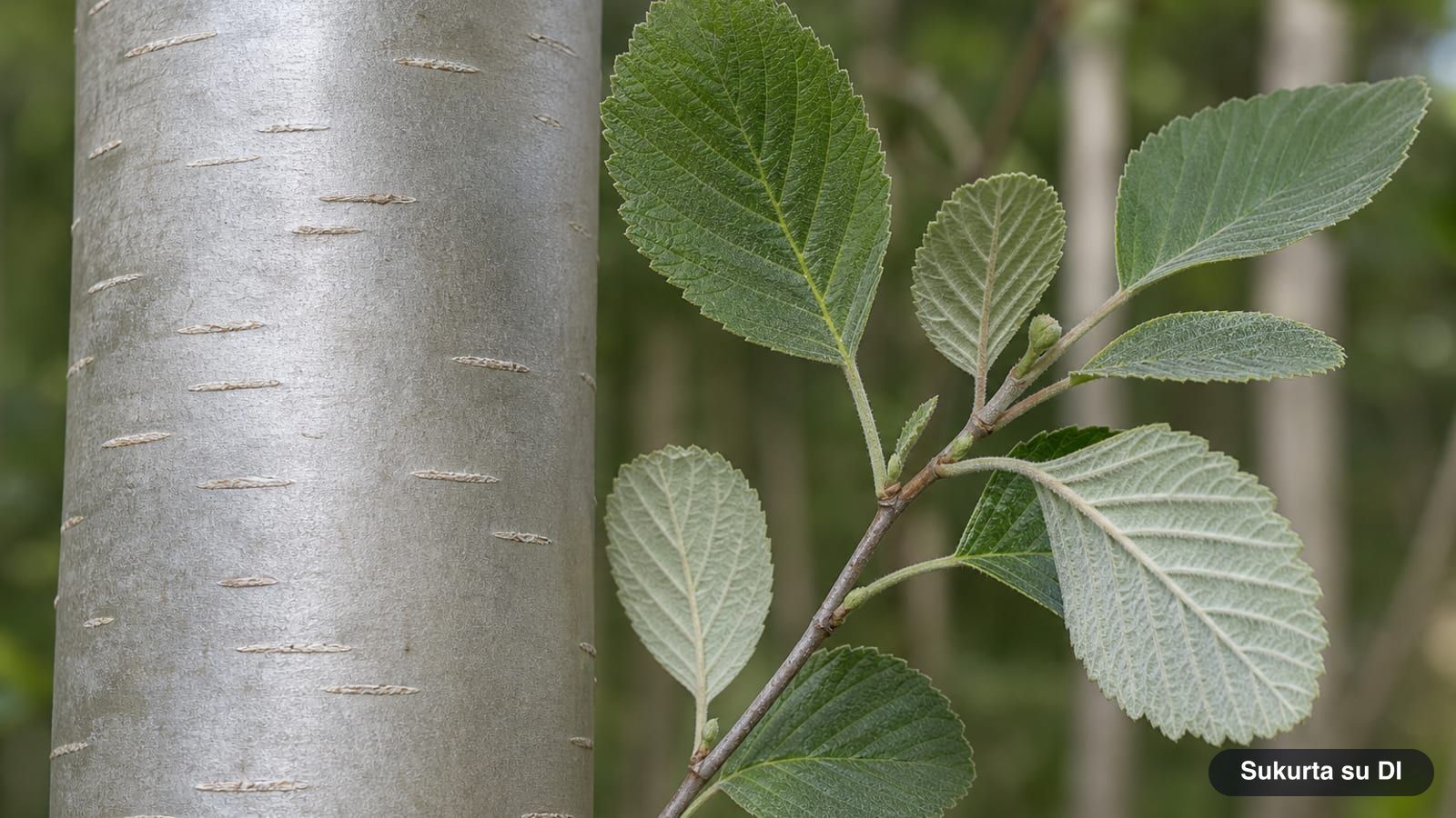 Smooth light grey bark of a grey alder and a twig with pointed serrated leaves