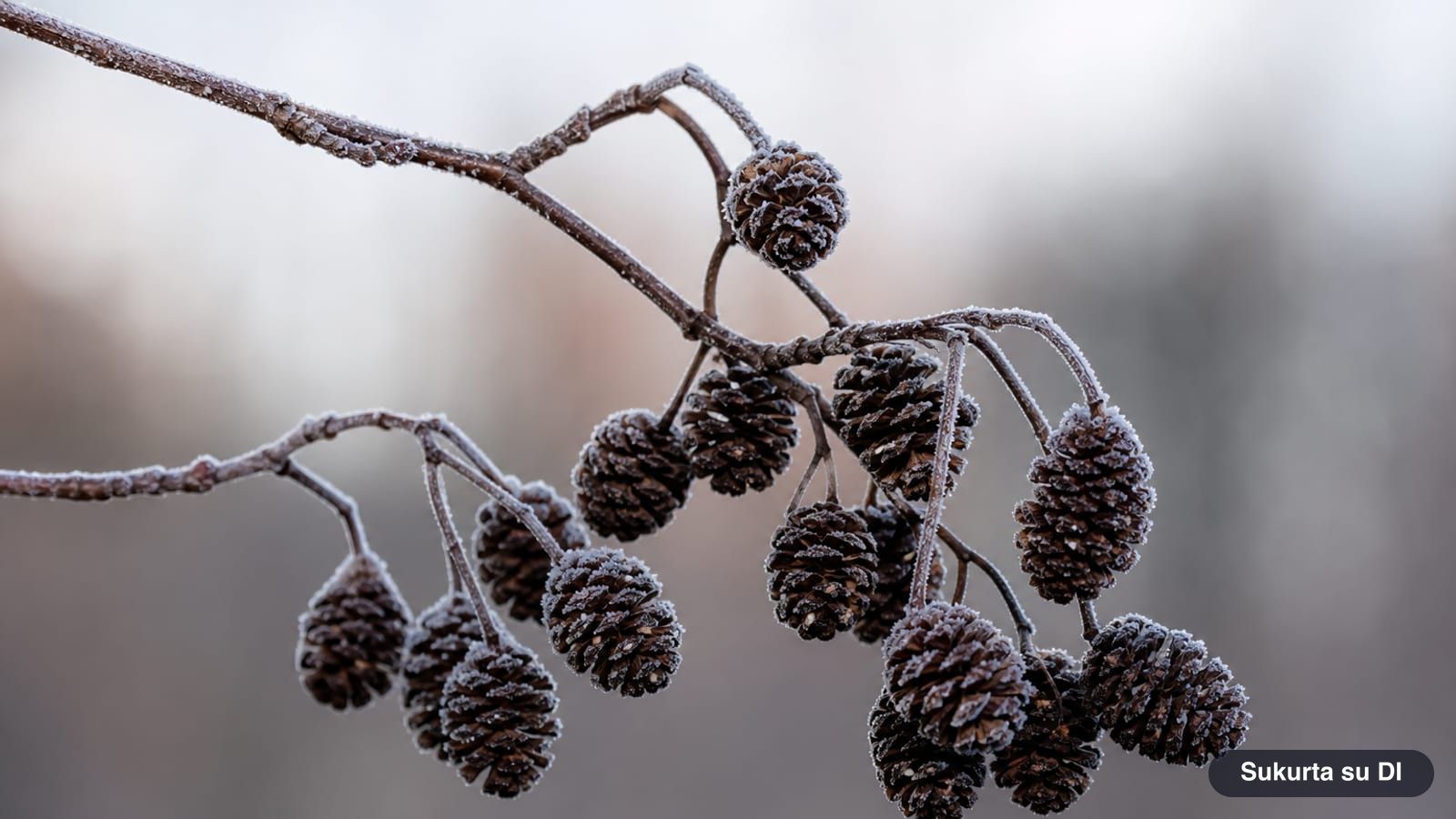 Brown woody alder cones on a bare twig in winter