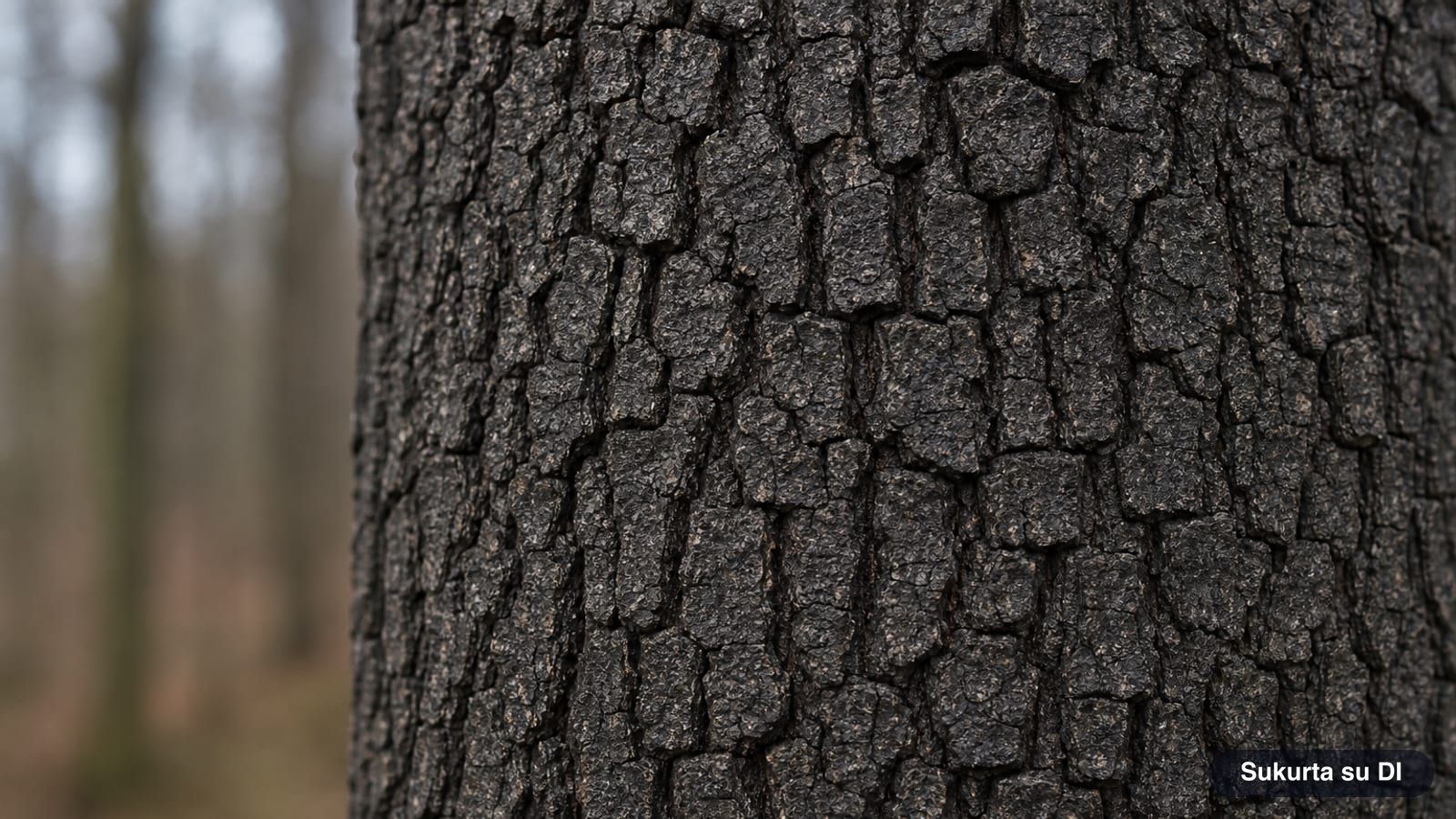 Dark brown bark of an old black alder, fissured into small plates