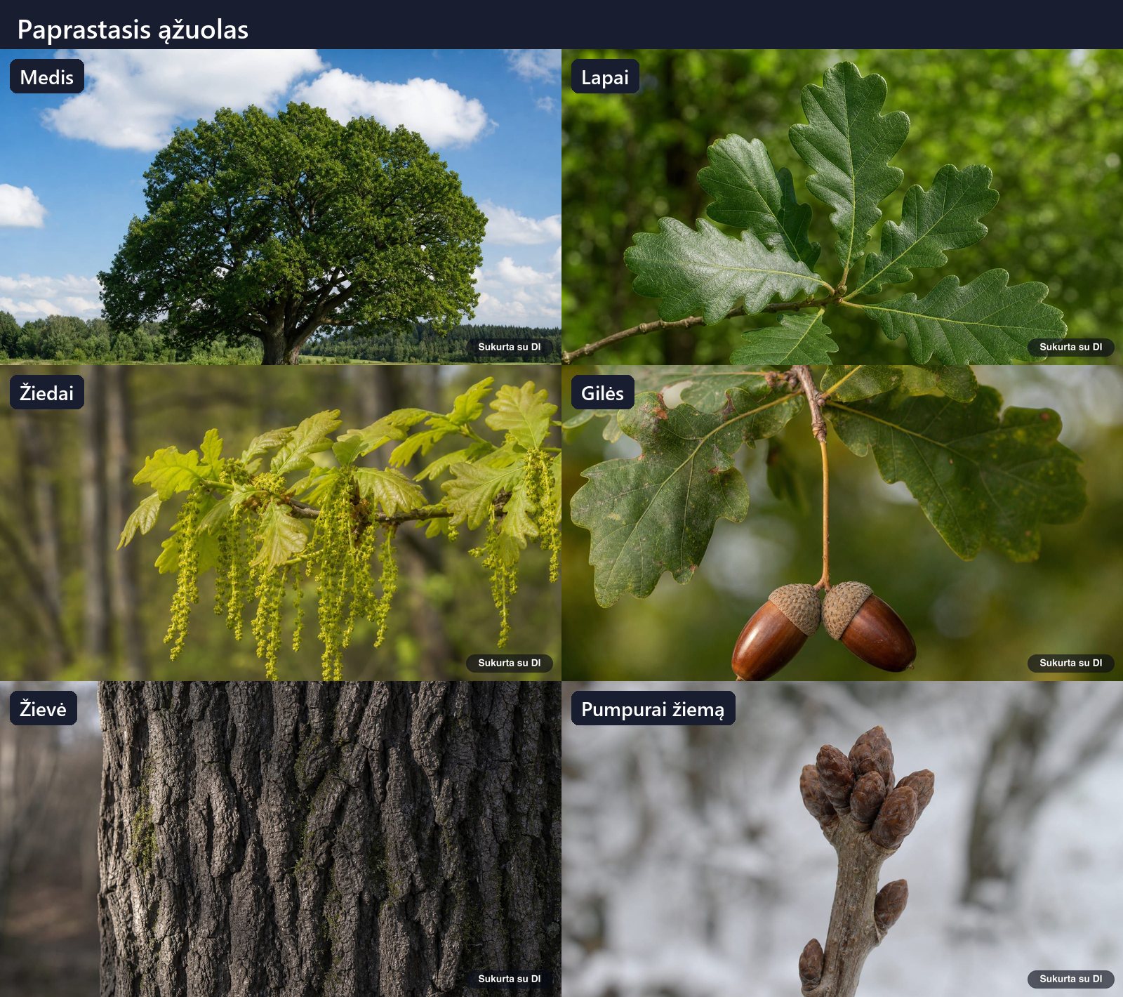 English oak: tree, leaves, flowers, fruits or seeds, bark, and buds in one illustration