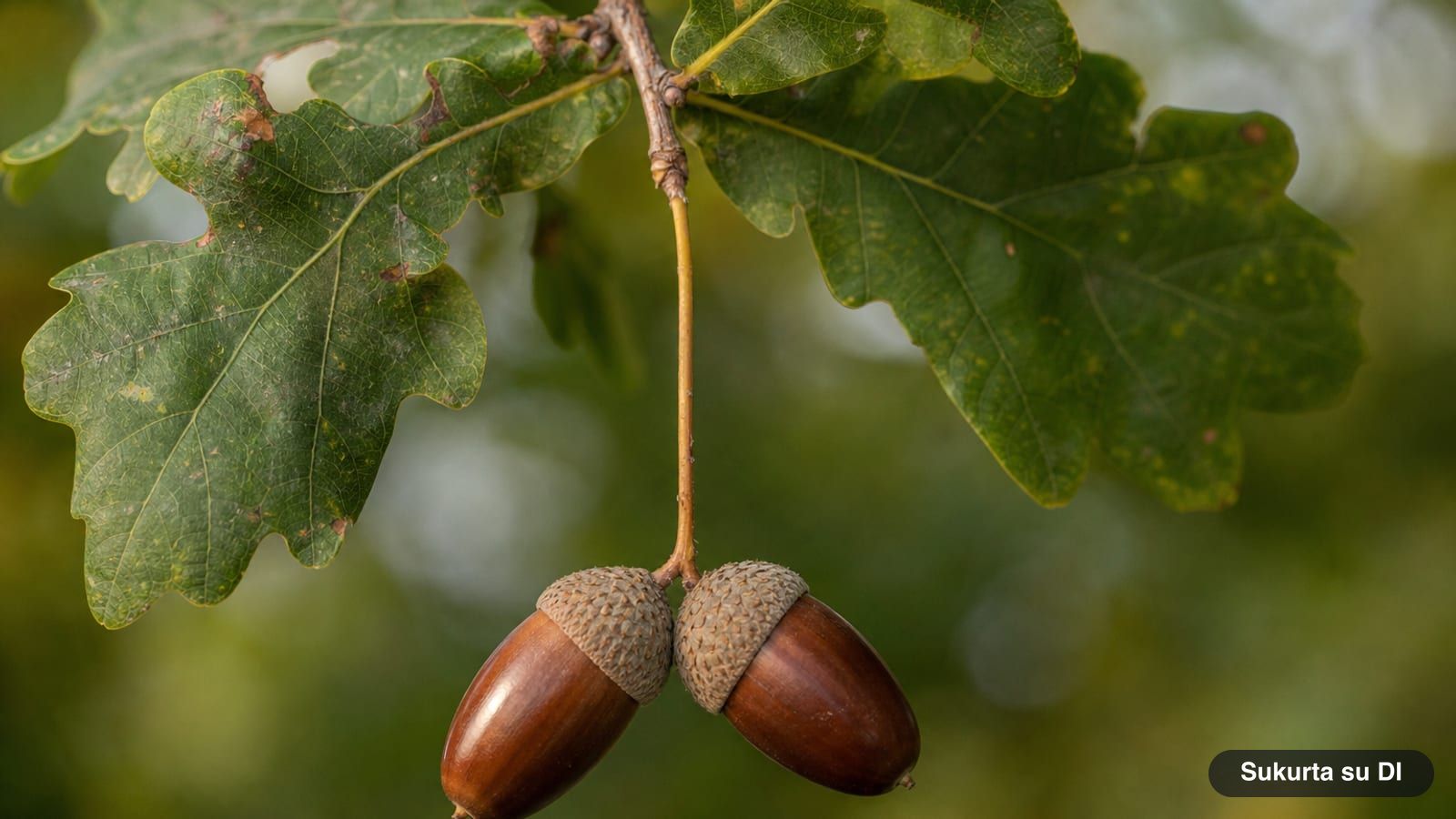 Two brown English oak acorns in scaly caps on a long common stalk