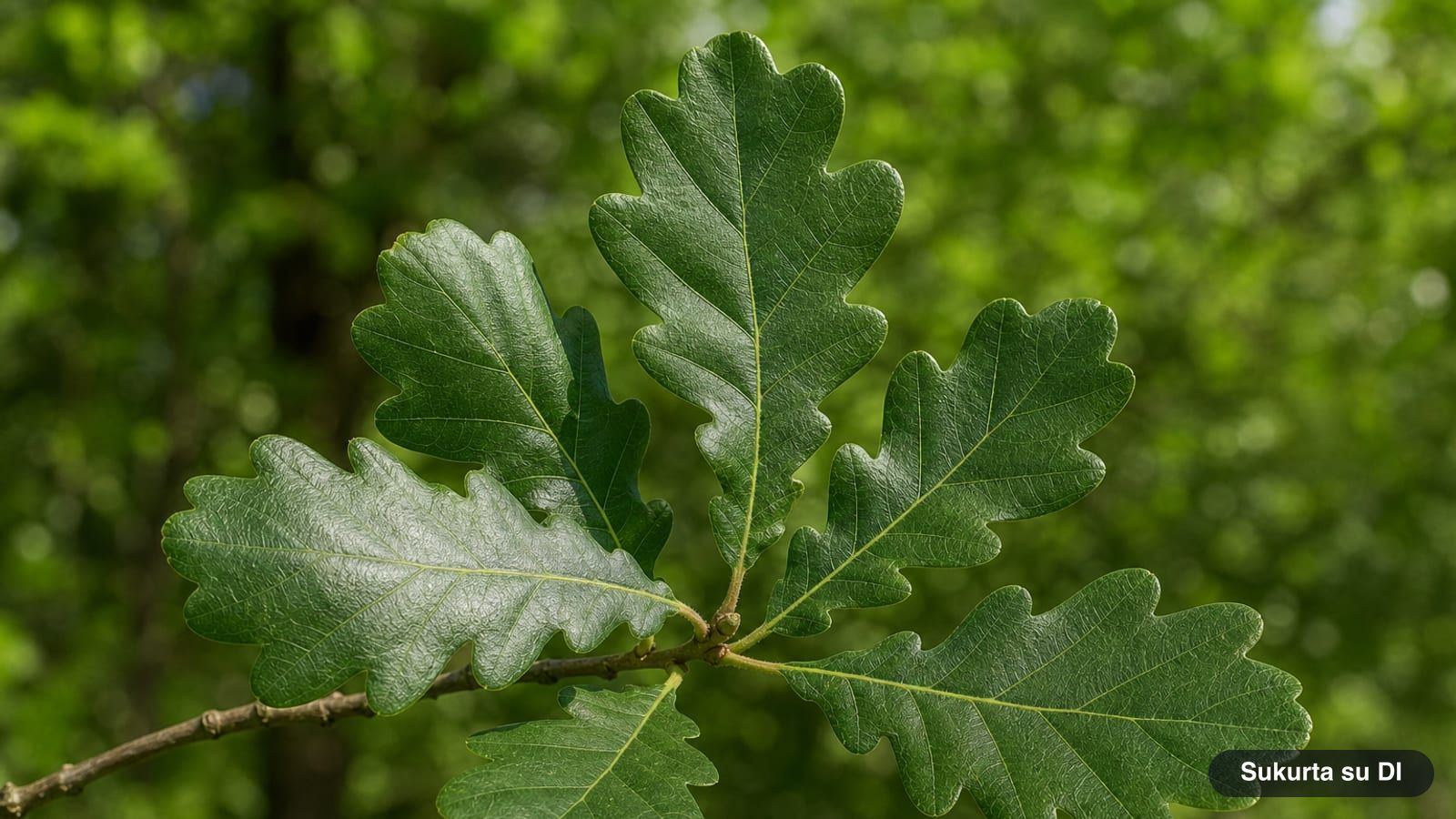 English oak leaves with rounded lobes and a short stalk on a twig