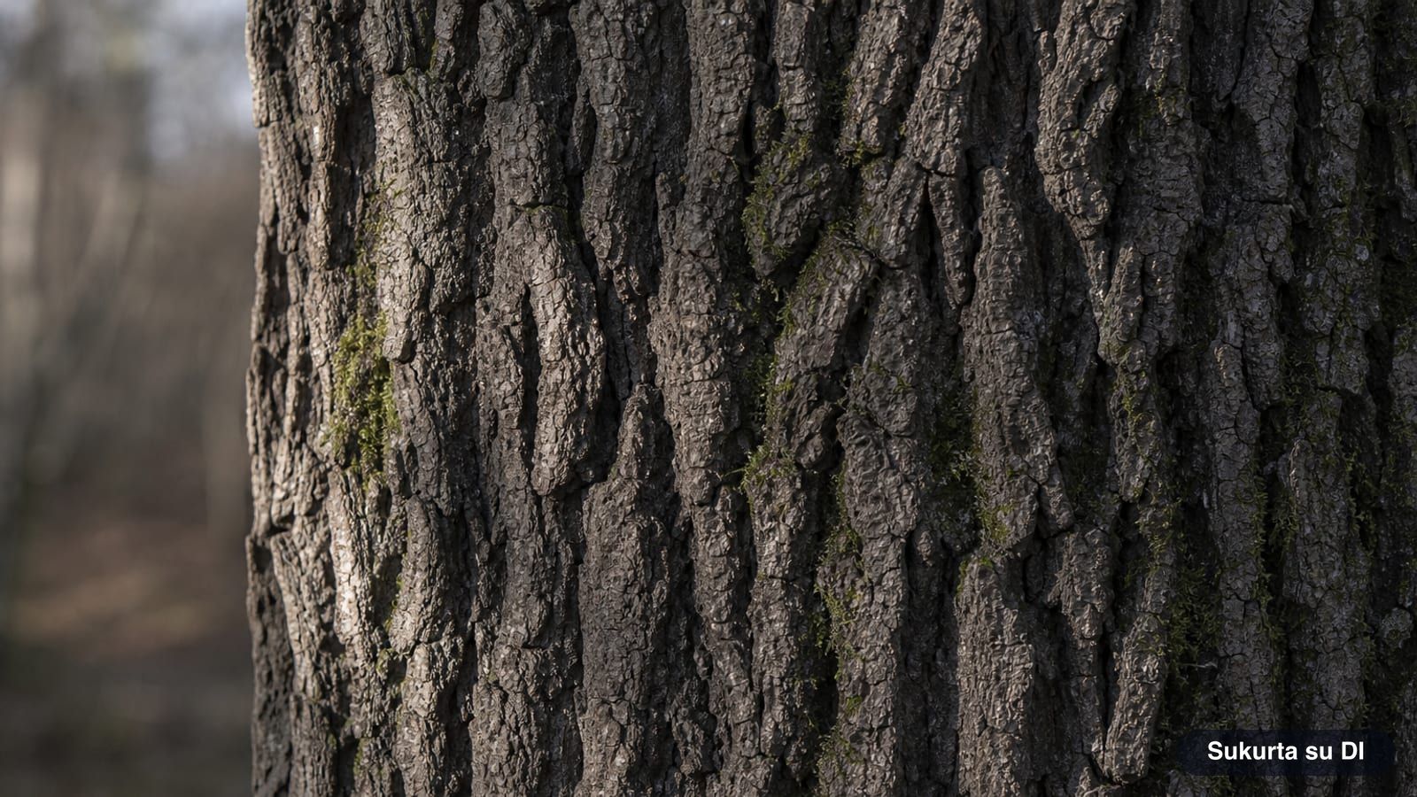 Bark of an old English oak trunk with deep longitudinal fissures