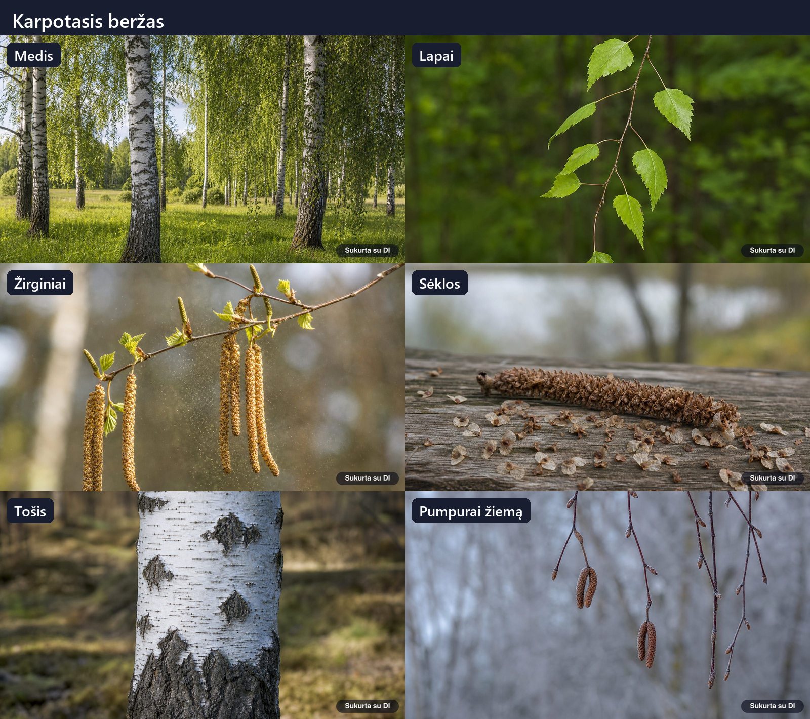 Silver birch: tree, leaves, flowers, fruits or seeds, bark and buds in one illustration