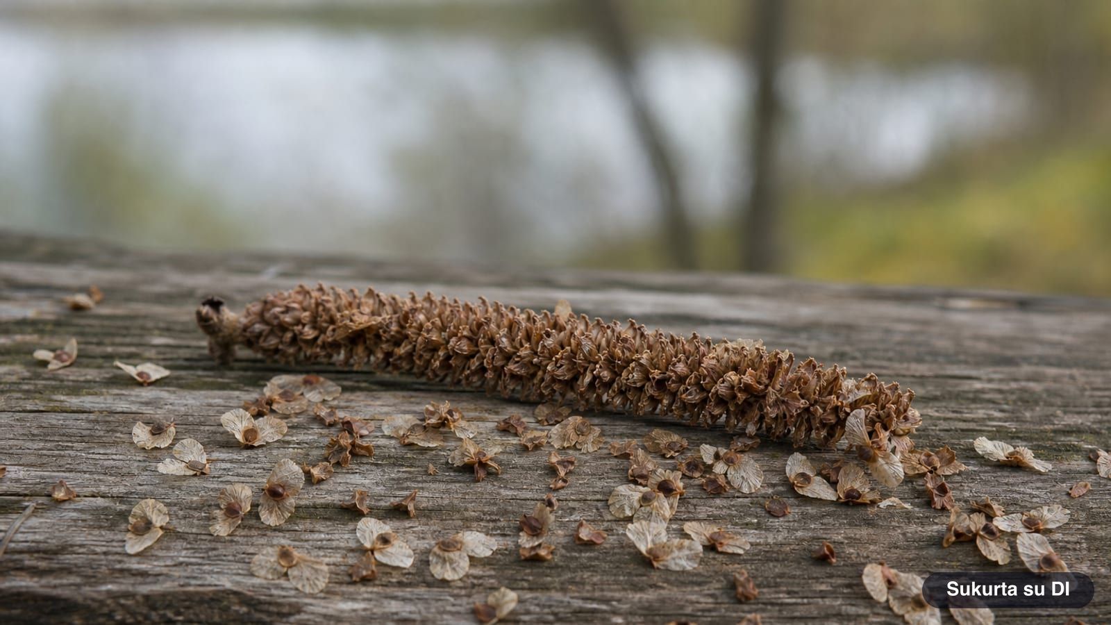 Shattering birch fruiting body and tiny winged birch seeds