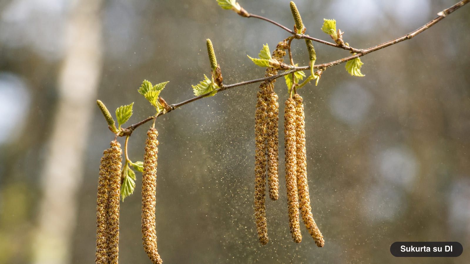 Long yellowish male catkins and short green female catkins of a silver birch in spring
