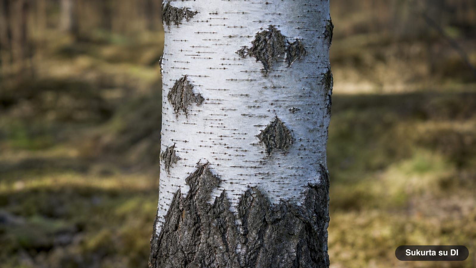 Silver birch trunk with white bark, black horizontal lines, and a dark fissured base
