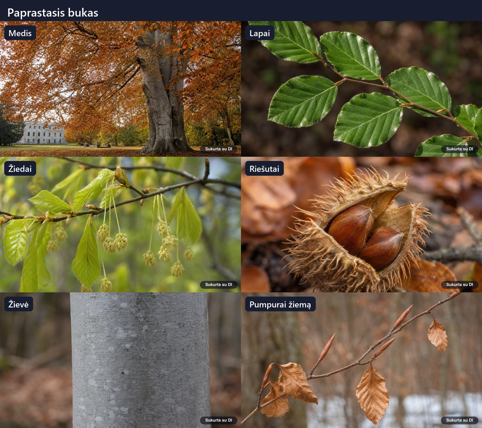 European beech: tree, leaves, flowers, fruits or seeds, bark, and buds in one illustration