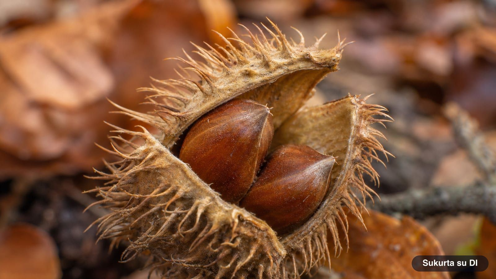 An open spiky husk of the European beech containing two triangular brown nuts