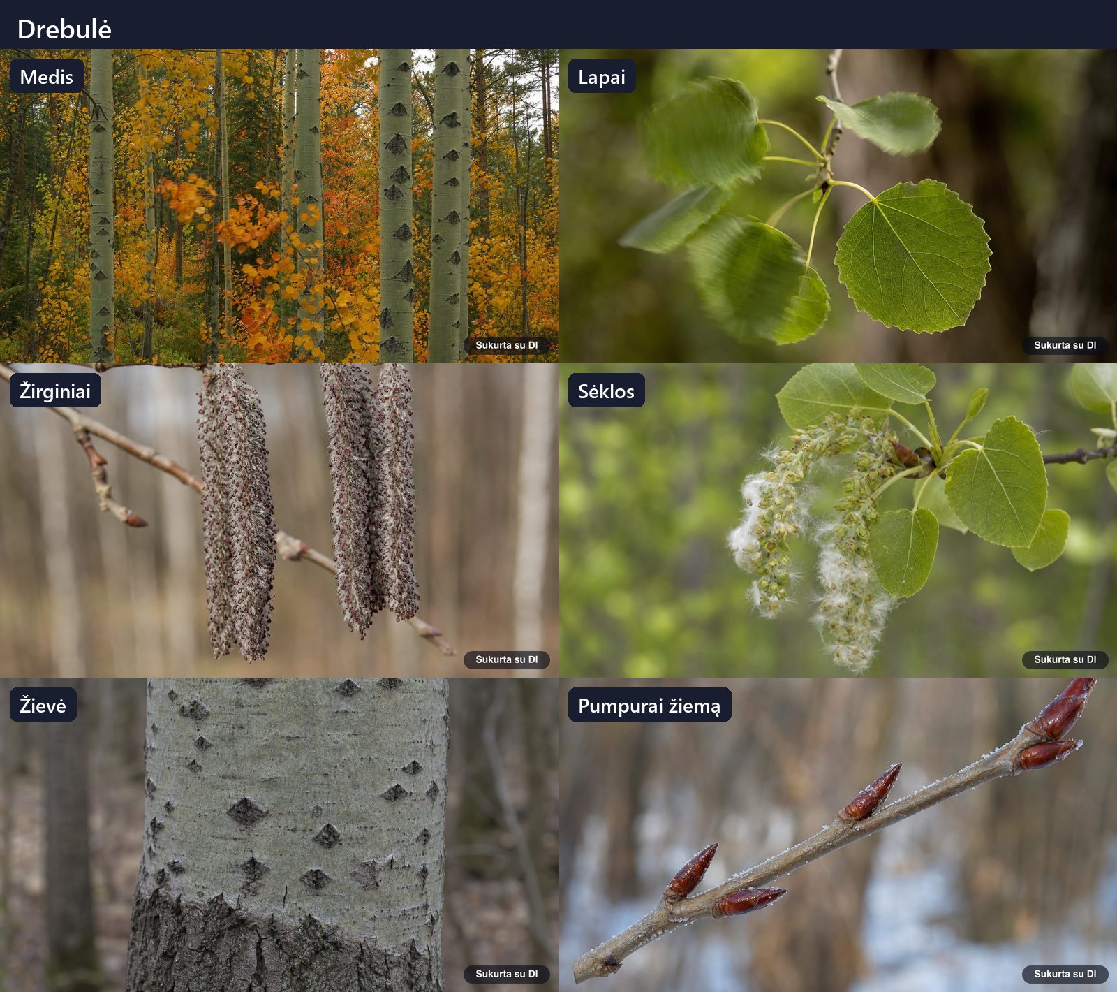 Aspen: tree, leaves, flowers, fruits or seeds, bark, and buds in one illustration