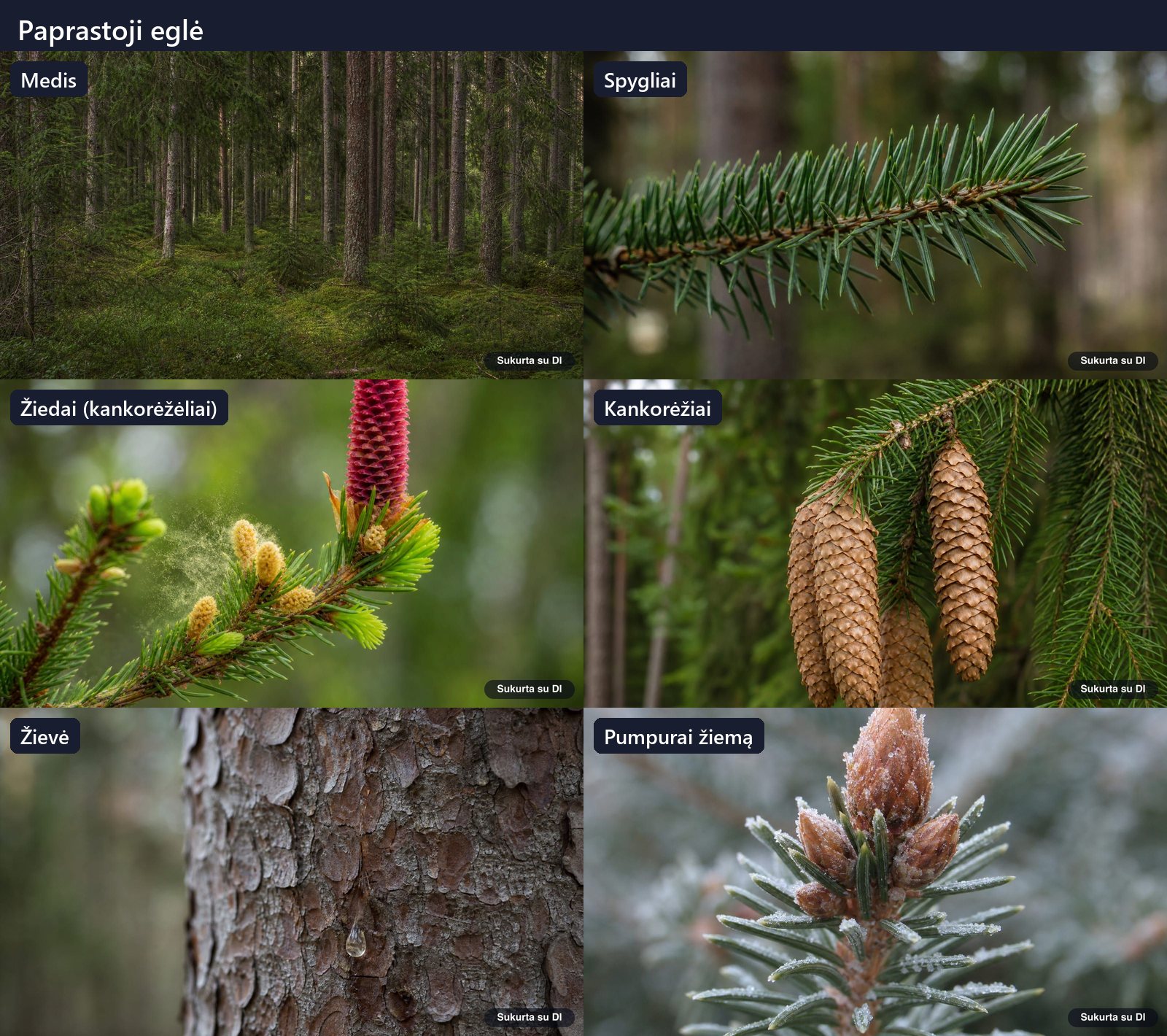 Norway spruce: tree, leaves, flowers, fruits or seeds, bark, and buds in one illustration