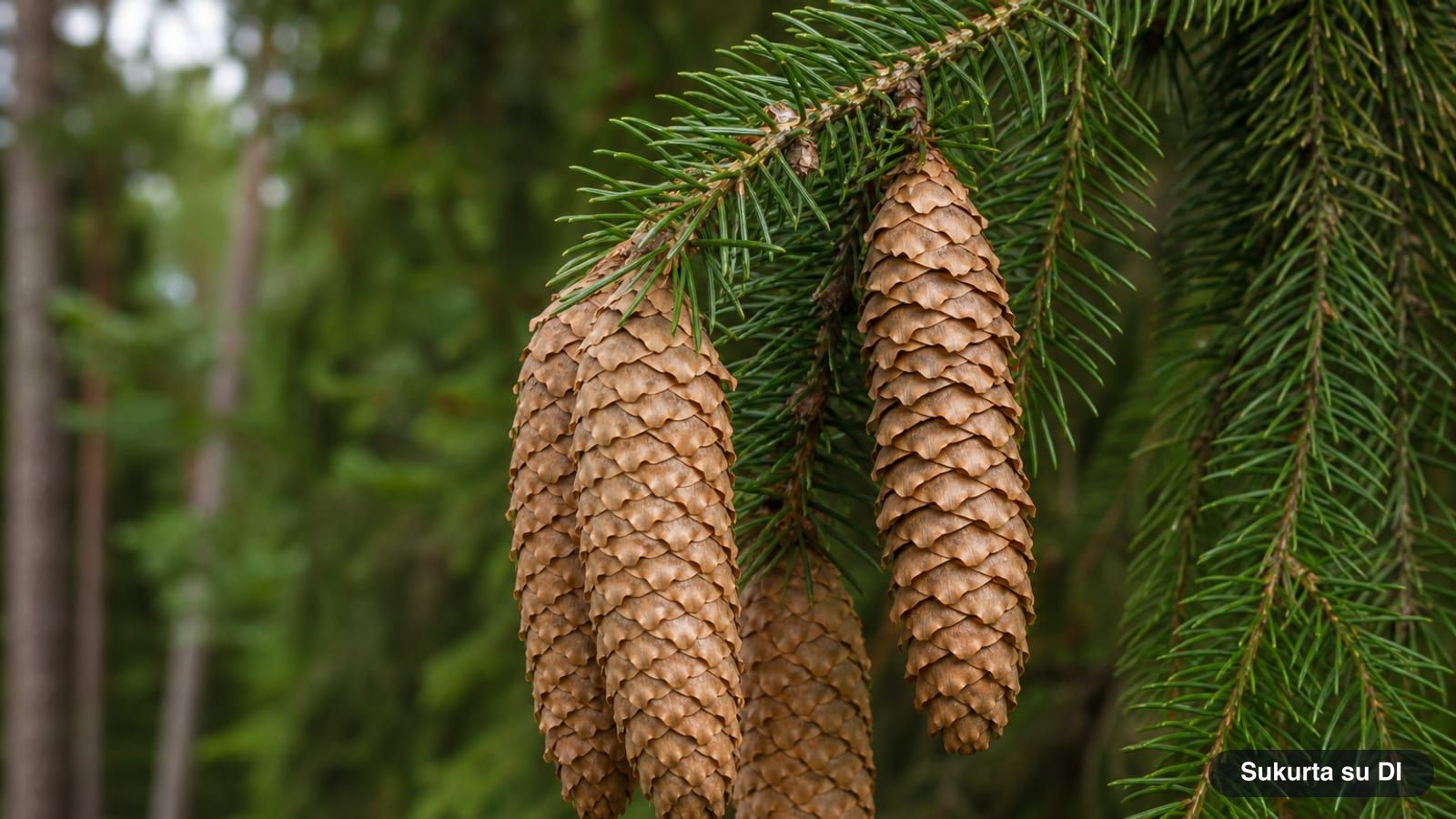 Long, cylindrical, light brown Norway spruce cones hanging from a branch