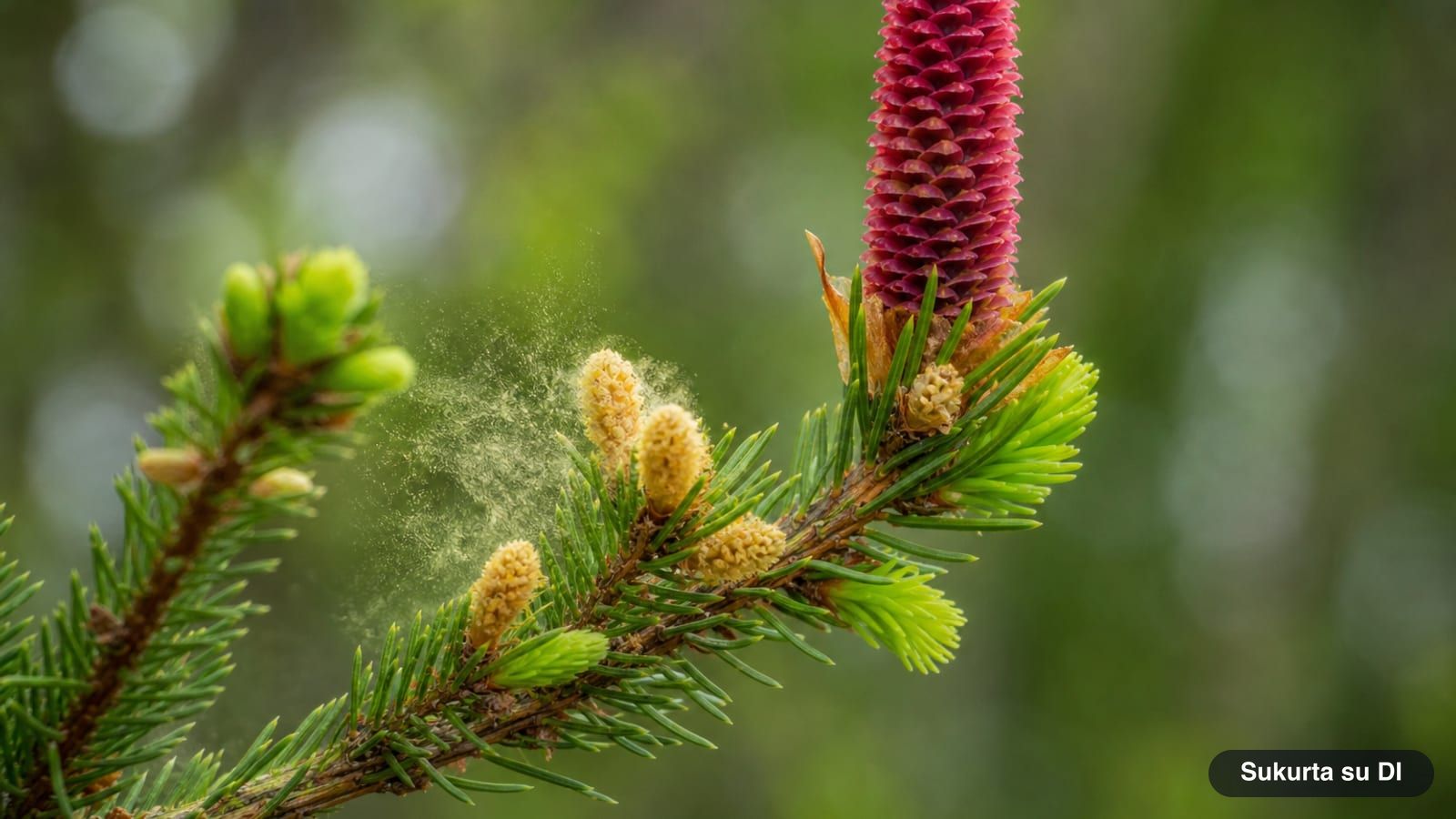 Upright red female conelet and yellow male pollen cones of a Norway spruce in spring