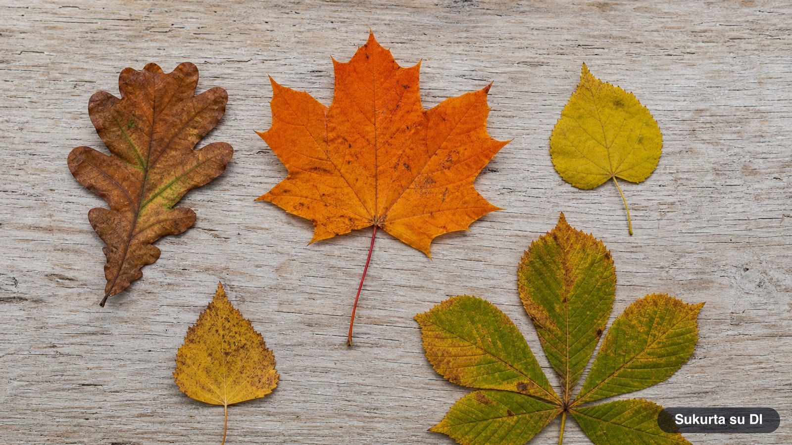 Oak, maple, linden, birch, and chestnut leaves on a wooden table