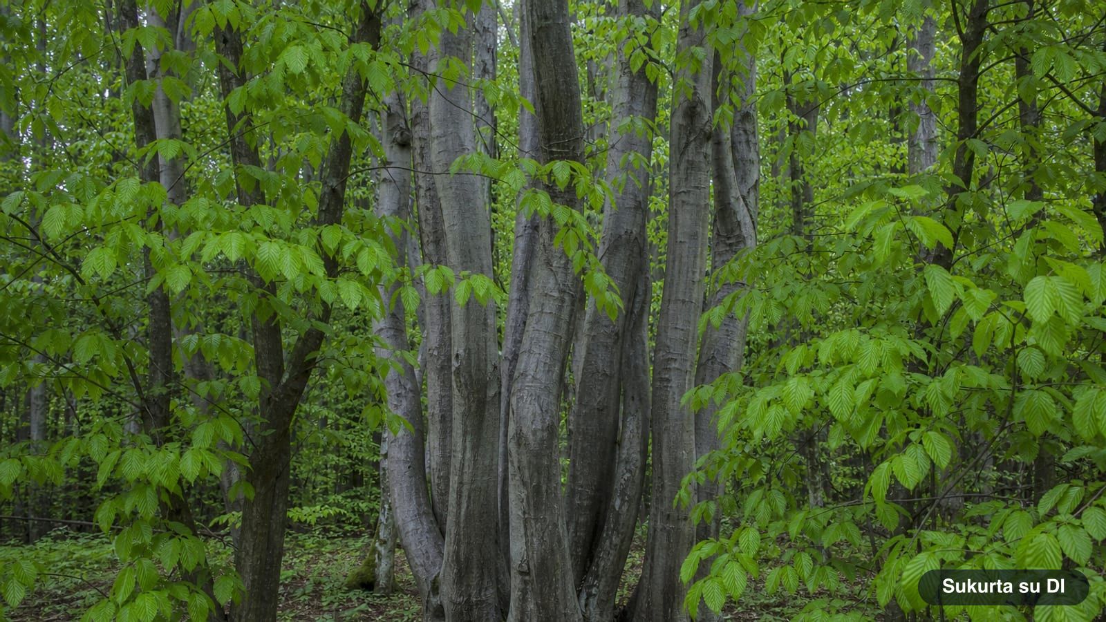 A grove of European hornbeams with smooth, gray, fluted trunks in a deciduous forest