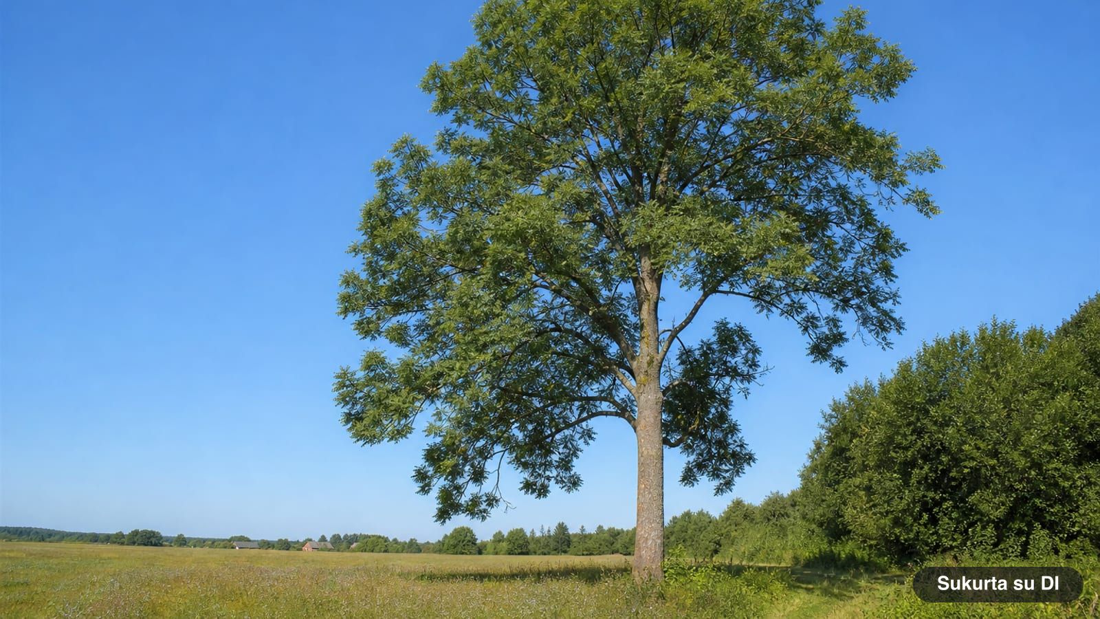 Tall European ash with a broad light canopy of pinnate leaves at the edge of a field