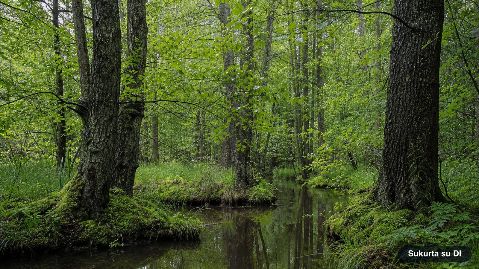 Black alder forest along a stream with dark trunks and mounds in the water