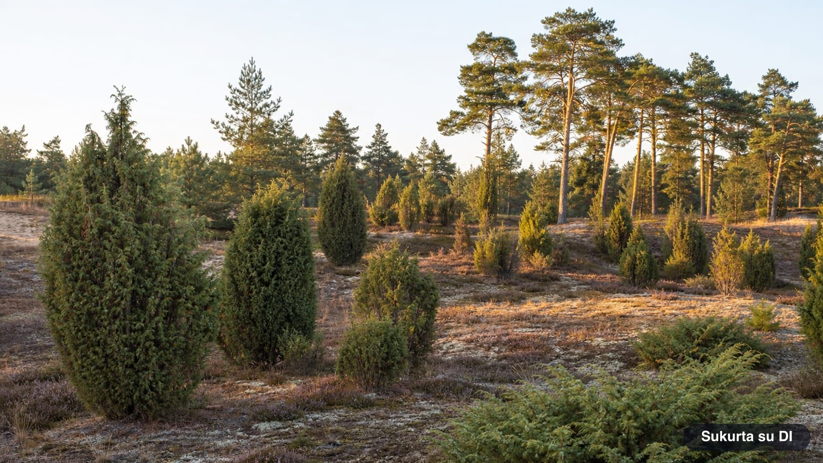 Various shapes of common junipers in a dry heathland with heather and lichen