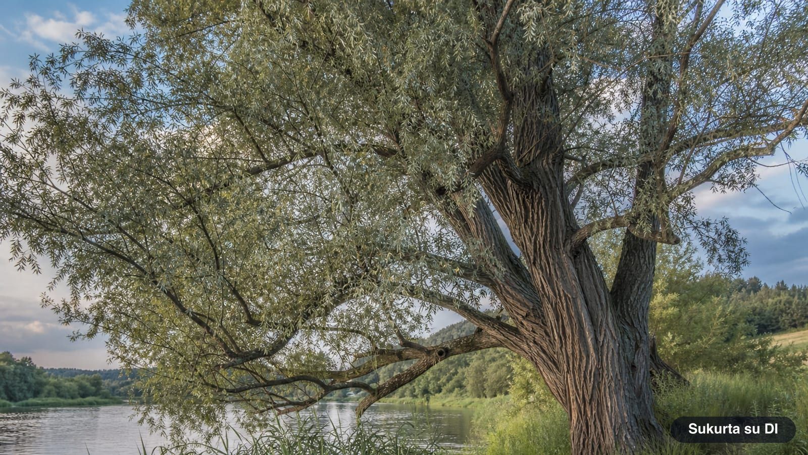 Large old white willow with a broad silvery canopy on a riverbank