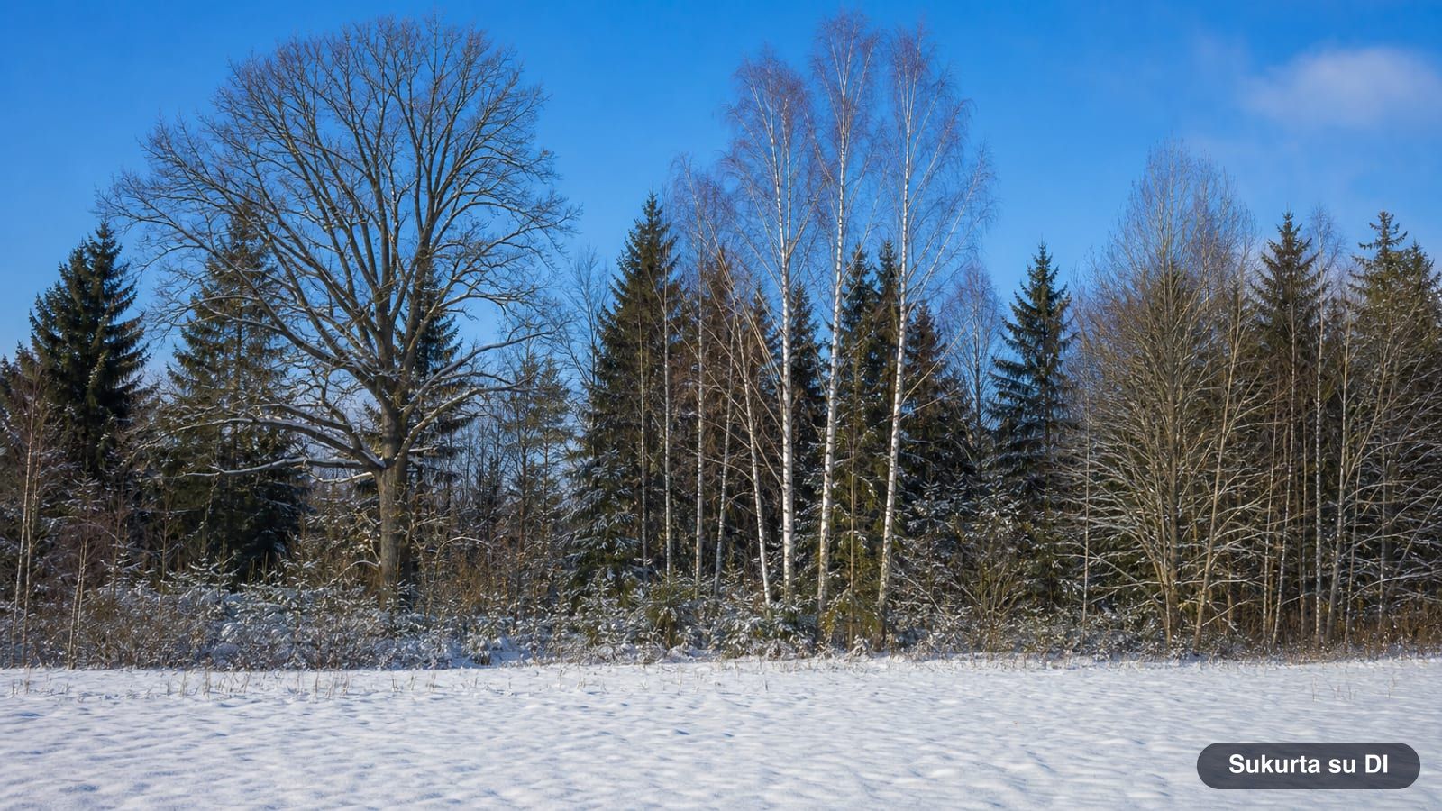 Snowy forest edge with bare silhouettes of oak, birch, maple, and alder against a blue sky