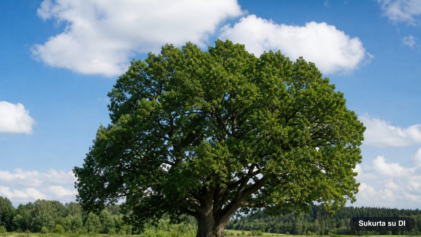A solitary English oak with a broad rounded canopy in a summer meadow