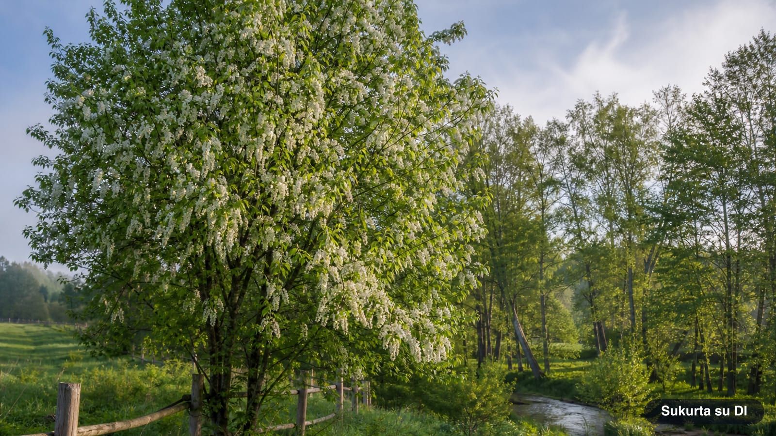 Blooming bird cherry at the edge of a riverside meadow in spring