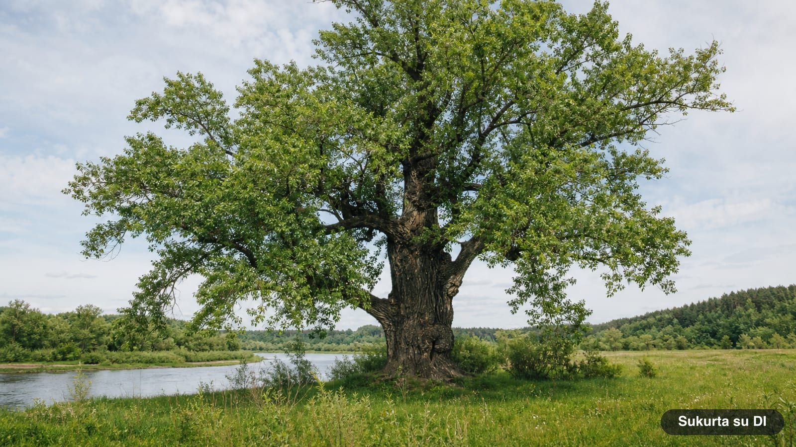 A massive old black poplar in a river floodplain meadow in summer