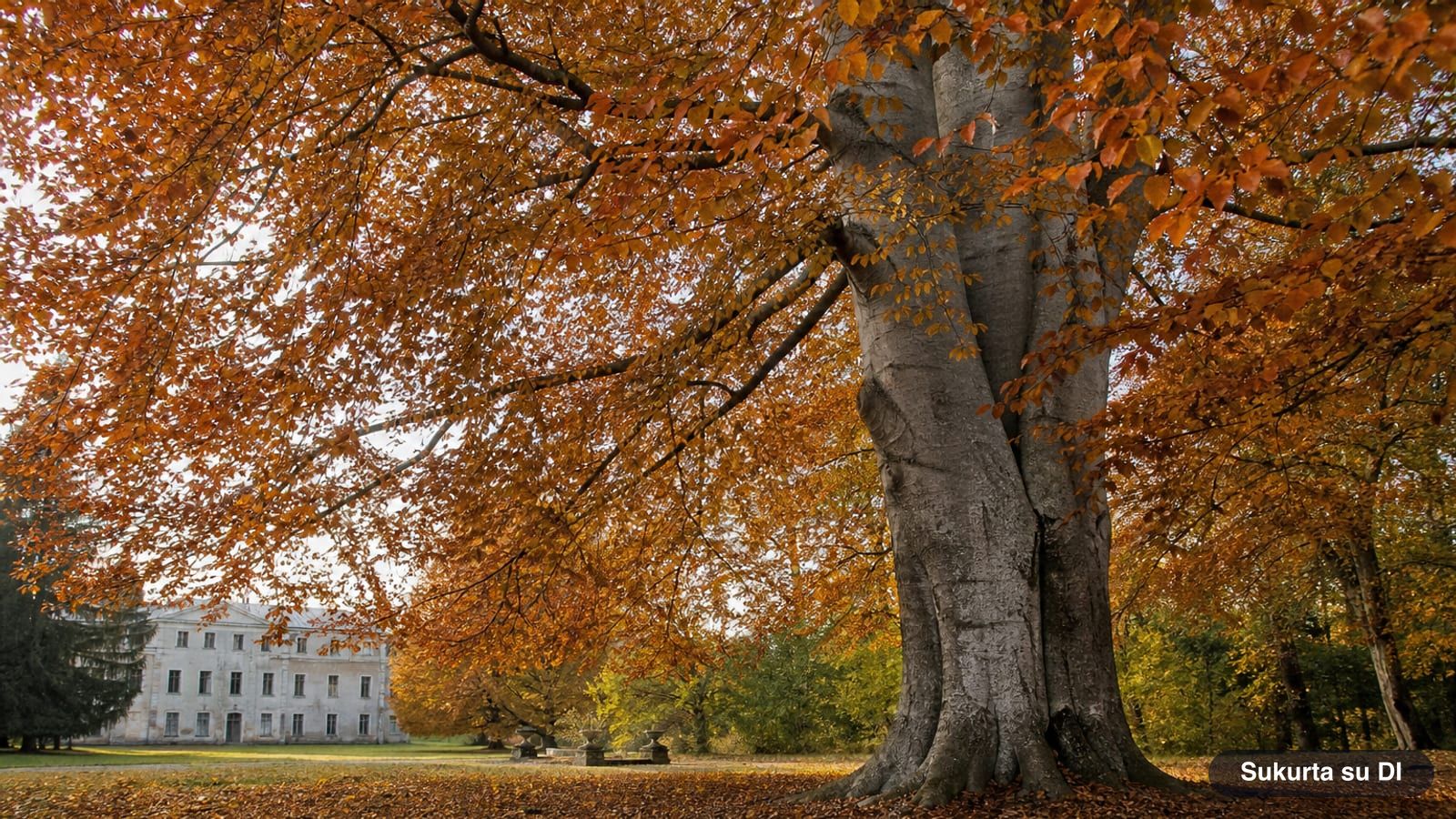 A tall European beech with a smooth silvery-gray trunk in an estate park in autumn