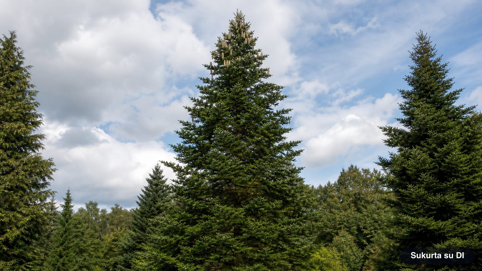 Tall fir trees with dense dark green conical crowns in a park