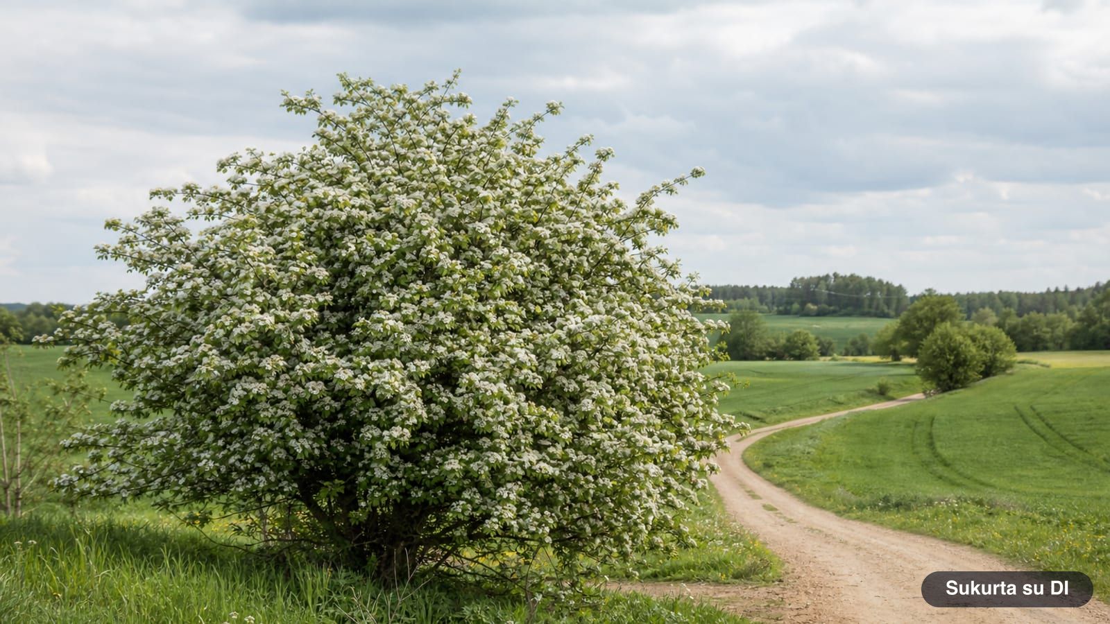 A blooming common hawthorn at the edge of a field in late May
