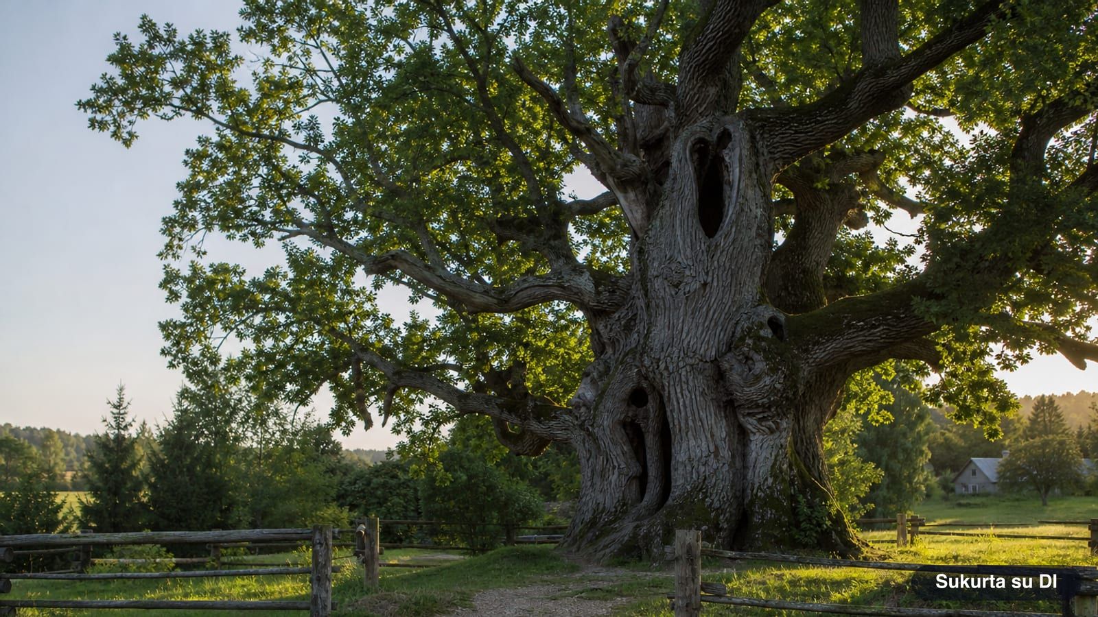 A very old, thick oak tree with a hollow trunk standing in a rural meadow behind a wooden fence